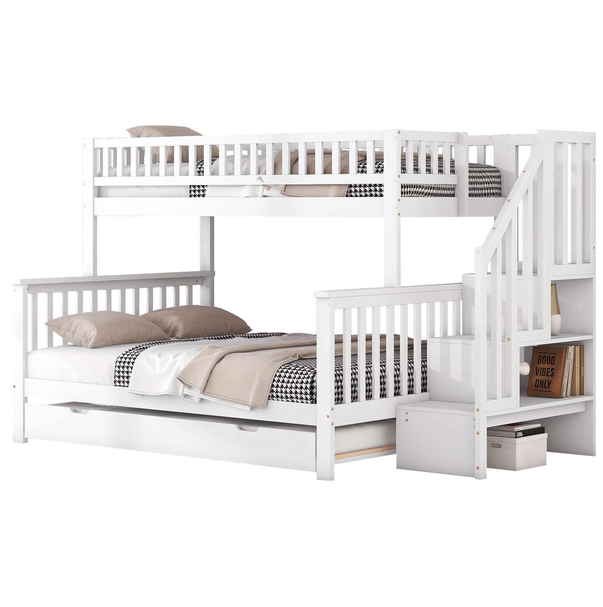 OKWISH PATROVÁ postel 90/200 a 140/200 cm, bílá, s výsuvným lůžkem a schůdky. Matrace není součástí balení.