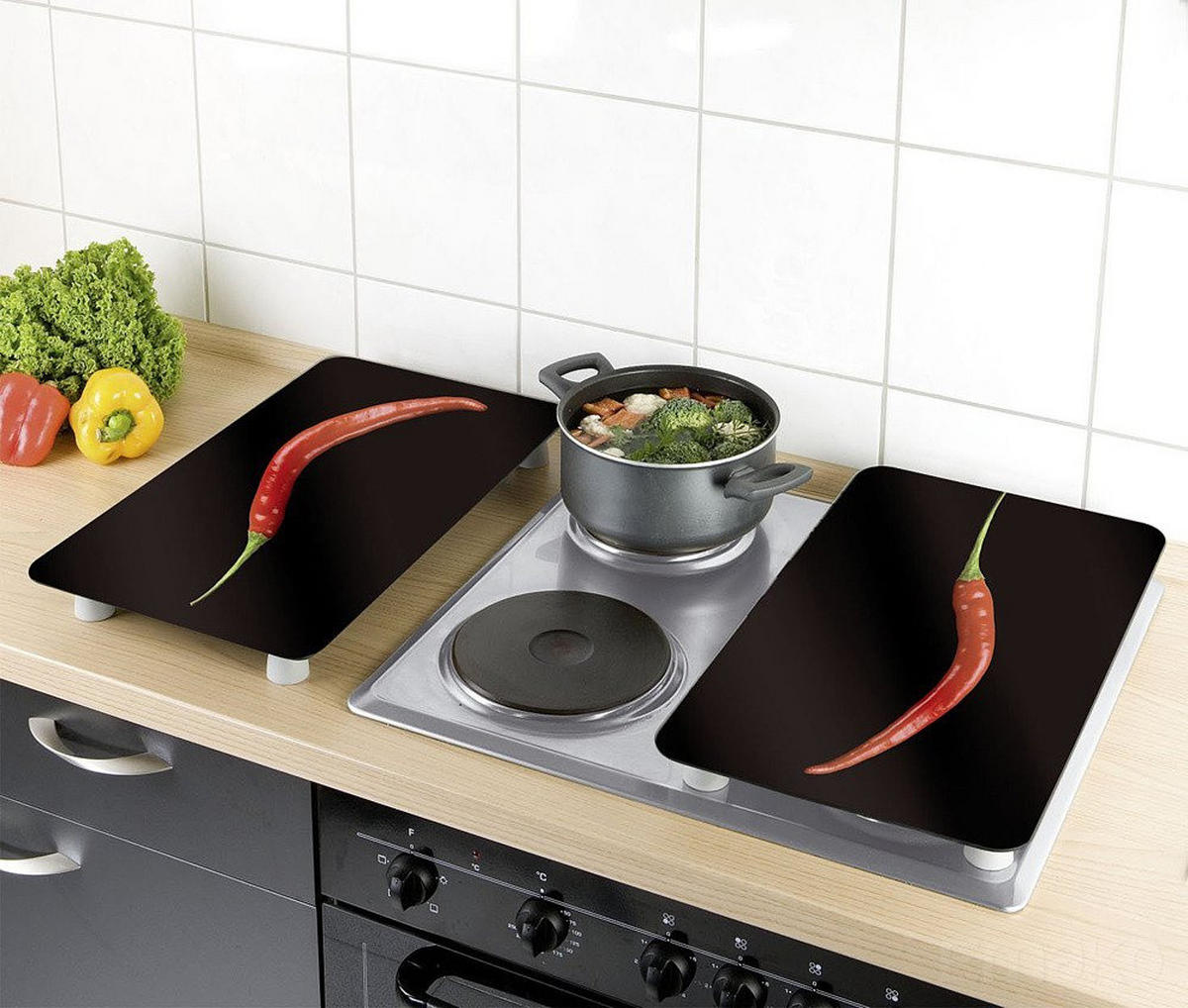 HERDSCHUTZPLATTEN 2 Stück Hot Chili 52/30/0,5 cm - Schwarz, Glas (30/0.5/52cm) - Wenko