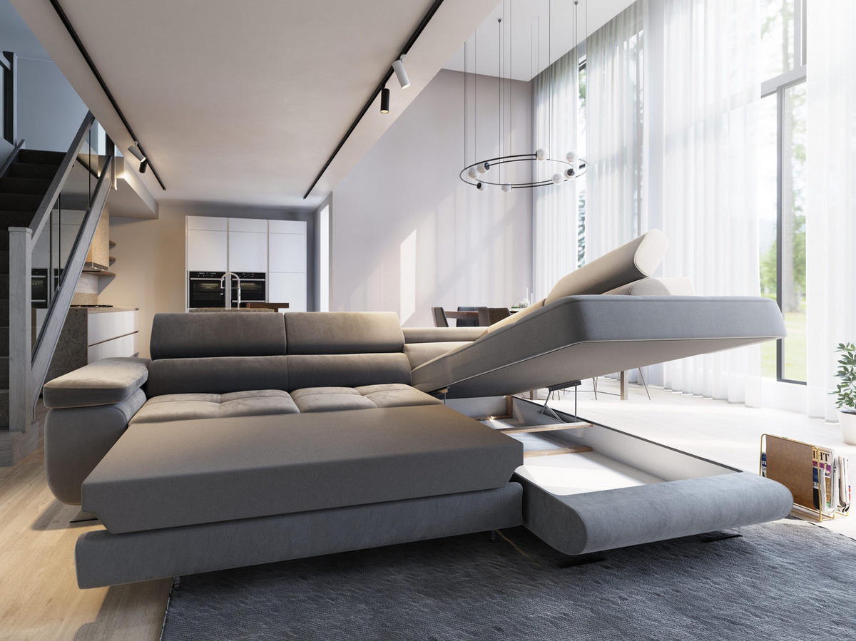 ECKSOFA SELVA R-S Grau Velours-Stoff mit Schlaffunktion - Grau, Holz (275/202cm) - MASSENO
