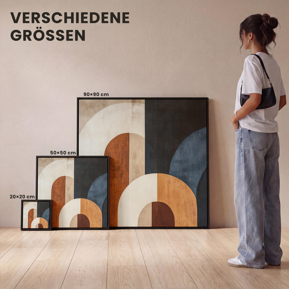 LEINWAND Bilder mit Rahmen - Abstrakt - Formen - Dunkelblau - 90x90 - Cognac, Textil (90/90cm) - MuchoWow