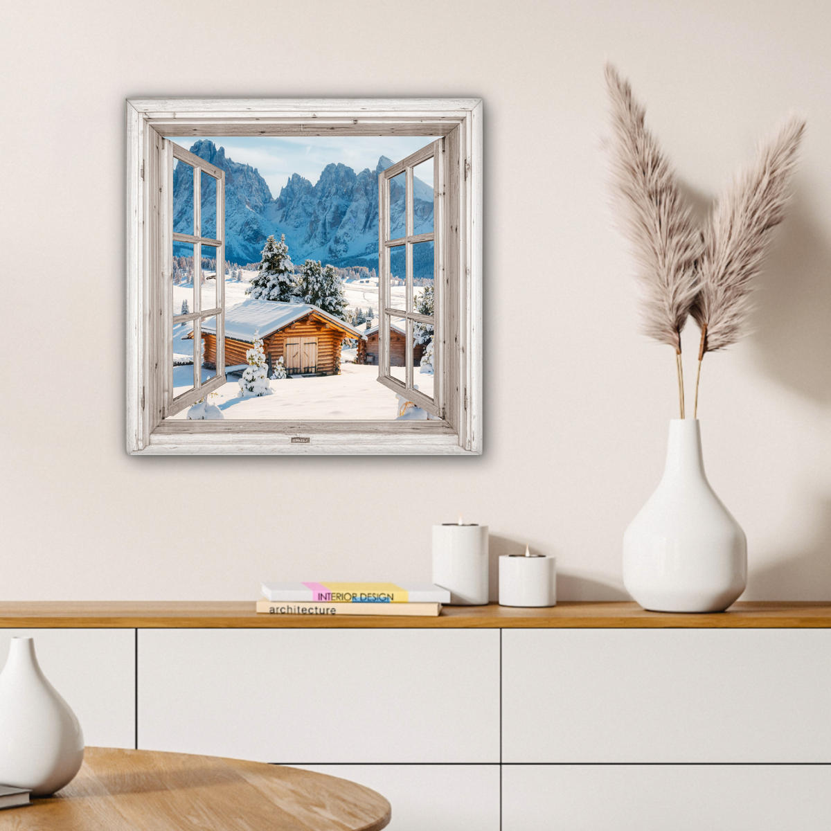 LEINWANDBILD Winterlandschaft - Hütte - Berge - Ausblicke - Aussicht - Natur 50x50 cm - Weiß Hochglanz, Textil (50/50cm) - MuchoWow
