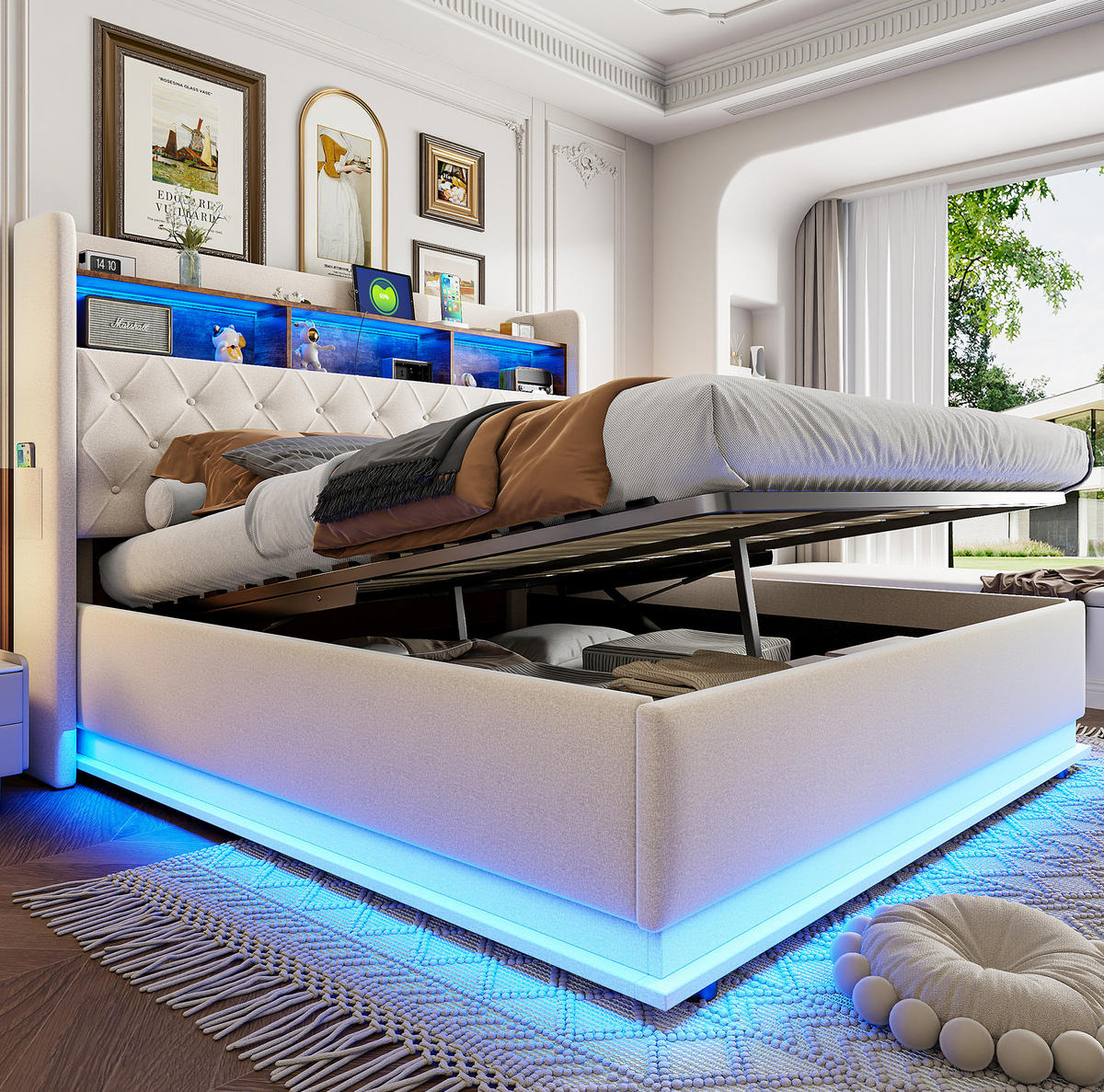 ČALÚNENÁ posteľ 180/200 cm s LED osvetlením, USB nabíjaním a hydraulickým úložným priestorom, Beige/Grau - béžová, textil (180/200cm) - Redom