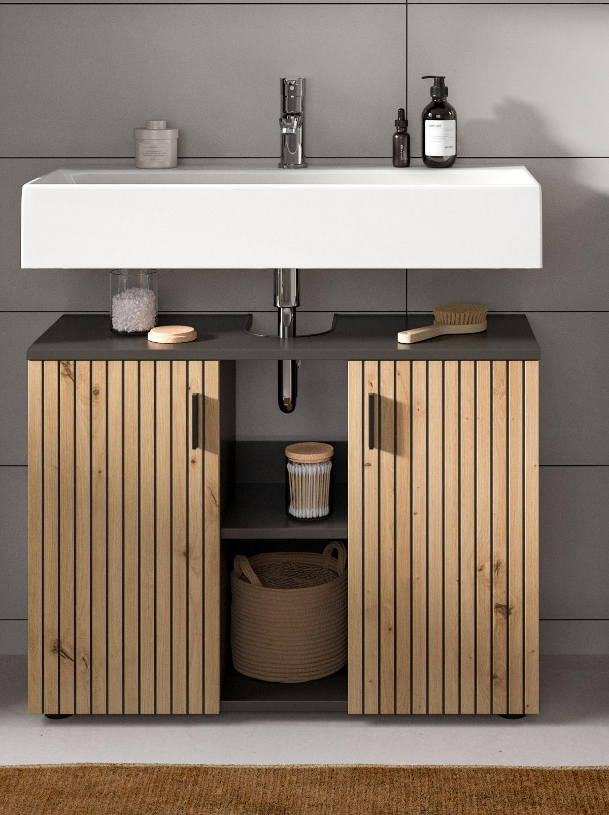 WASCHBECKENUNTERSCHRANK Eiche Artisan, grau 80 cm, Badezimmer Unterschrank mit Rillen-Optik - Schwarz/Eiche Artisan, Holzwerkstoff/Kunststoff (80/59/30cm) - Inn.Furn