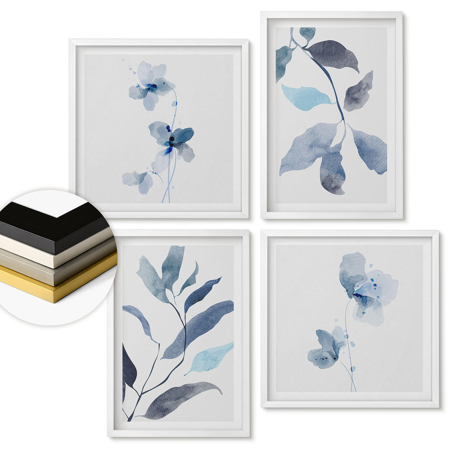 WANDBILDER 4er-Set - 50x50 cm & 40x60 cm Weißer Rahmen - Aquarell von blauen Blättern - Weiß, Kunststoff (50/50cm) - ArtPrintCave