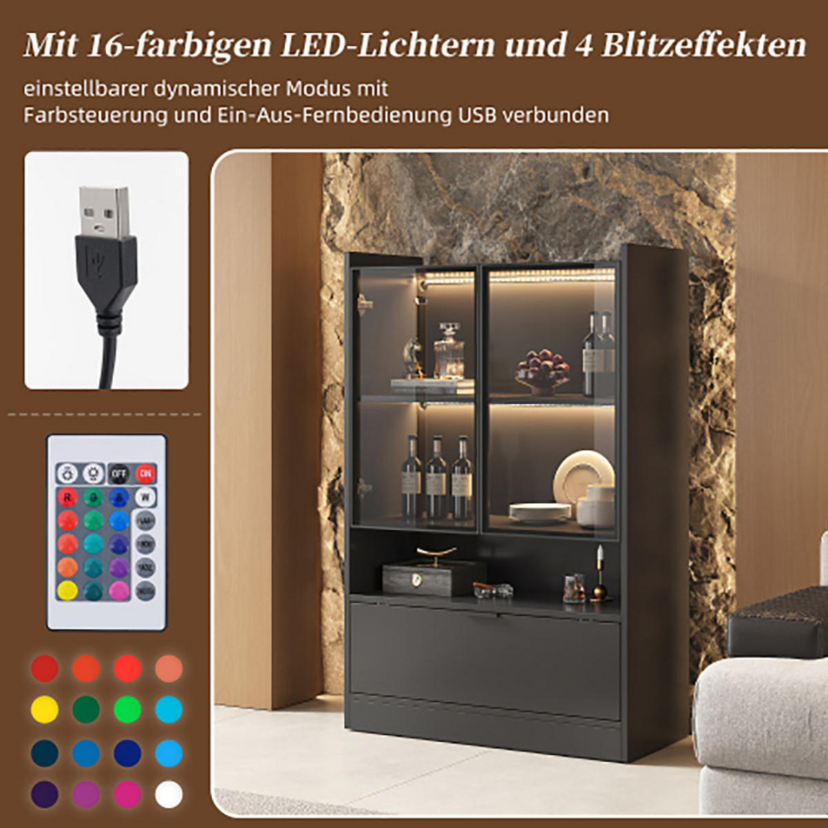 VITRINE mit 16-farbige LED-Beleuchtung in Schwarz Matt - Schwarz, Holz (35/120/80cm) - KOMHTOM