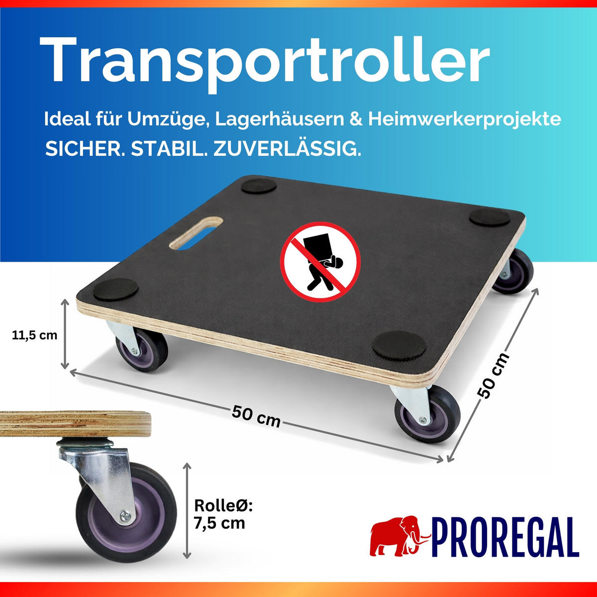 TRANSPORTROLLER Hercules modular 50x50 cm 2 Stück Traglast 200kg Siebdruck Holzplatte Schwarz - Schwarz, Metall (50/50/11.5cm) - PROREGAL
