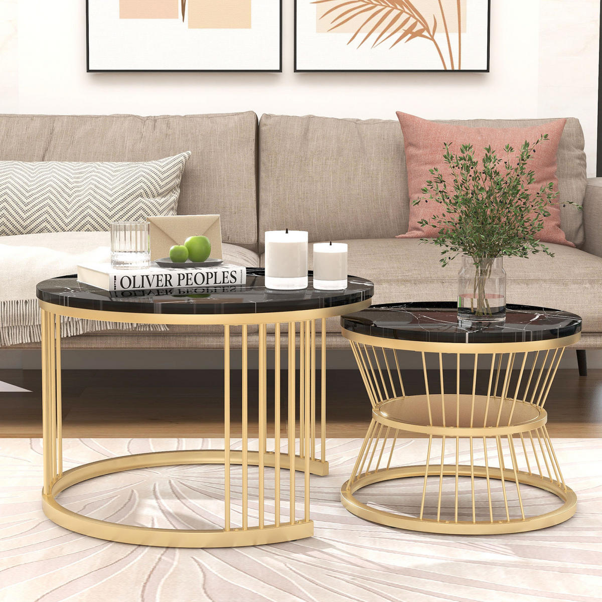 KONFERENČNÍ stolek, sada 2 kusů, kulaté MDF stolky, černé, zlatý rám, moderní - černá, kov (70/70/45cm) - EuroLiving