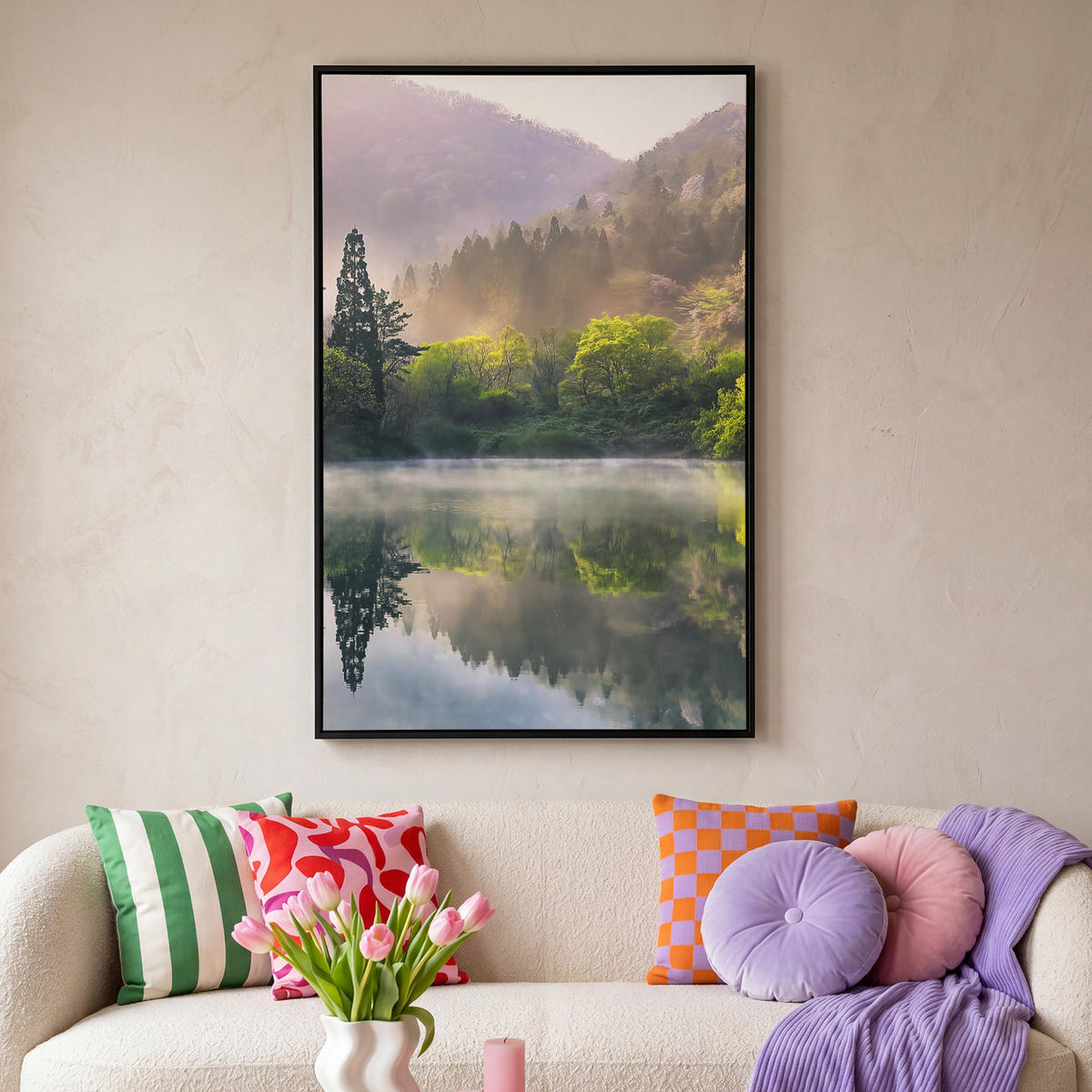 LEINWAND Bilder mit Rahmen - Natur - Bäume - Berge - See - Wasser - 100x150 - Hellgrün, Textil (100/150cm) - MuchoWow