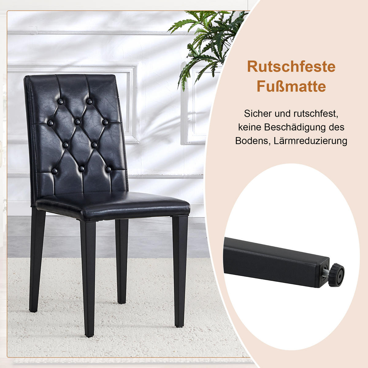 ESSGRUPPE DE-39482 5-teilig, Glastisch und 4 PU-Stühlen mit Knopfverzierung Schwarz - Schwarz, Metall (85/75/85cm) - ComfortXL