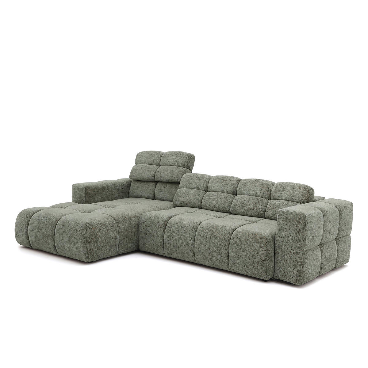 ECKSOFA TENDER Links mit Schlaffunktion und Verstellbare Kopfstützen, Chenille hellgrün - Schwarz/Hellgrün, Holz/Kunststoff (315/176cm) - Muffo