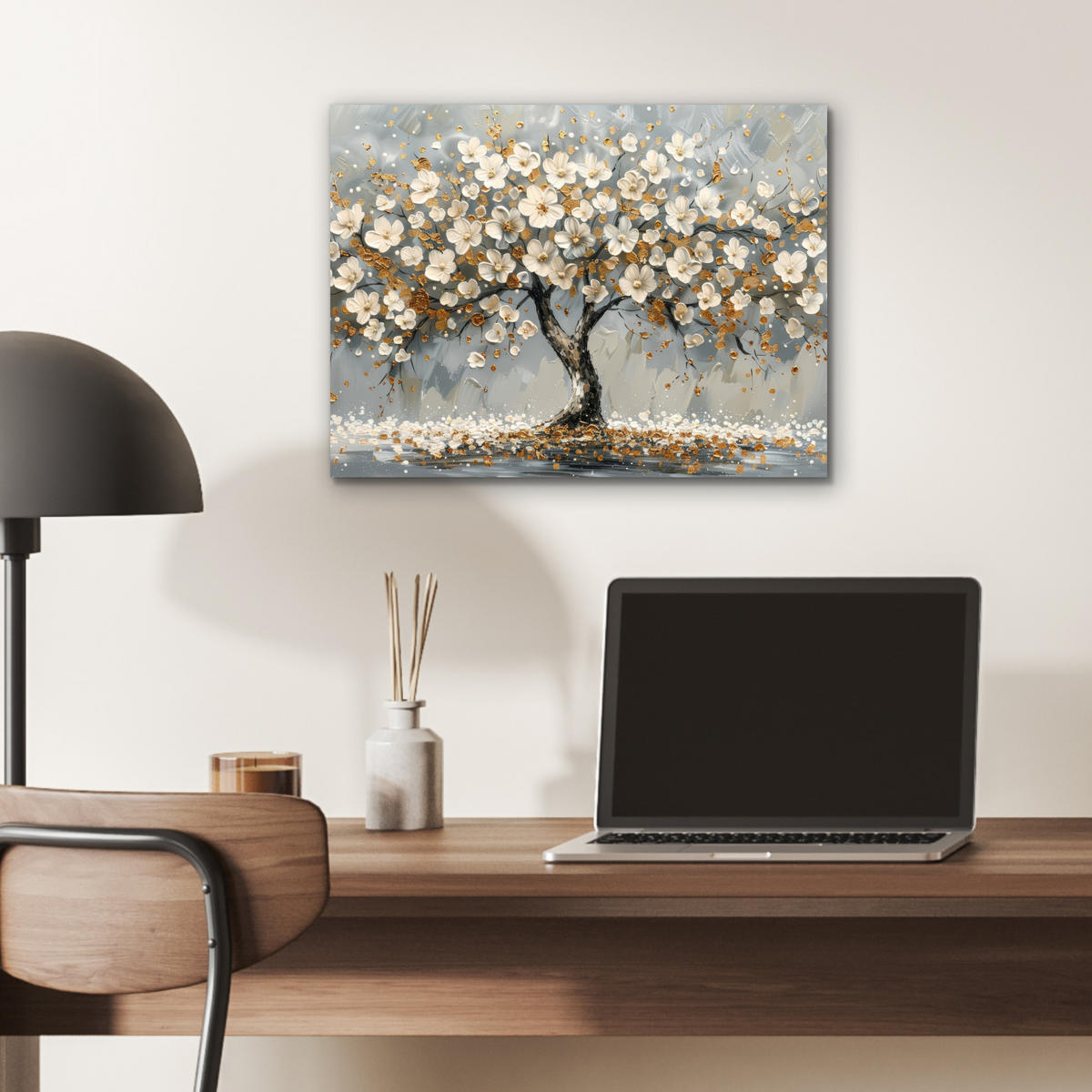 KOVOVÝ OBRAZ Strom - Kvety - Biela - Príroda - Umenie 40x30 cm - biela, kov (40/30cm) - MuchoWow