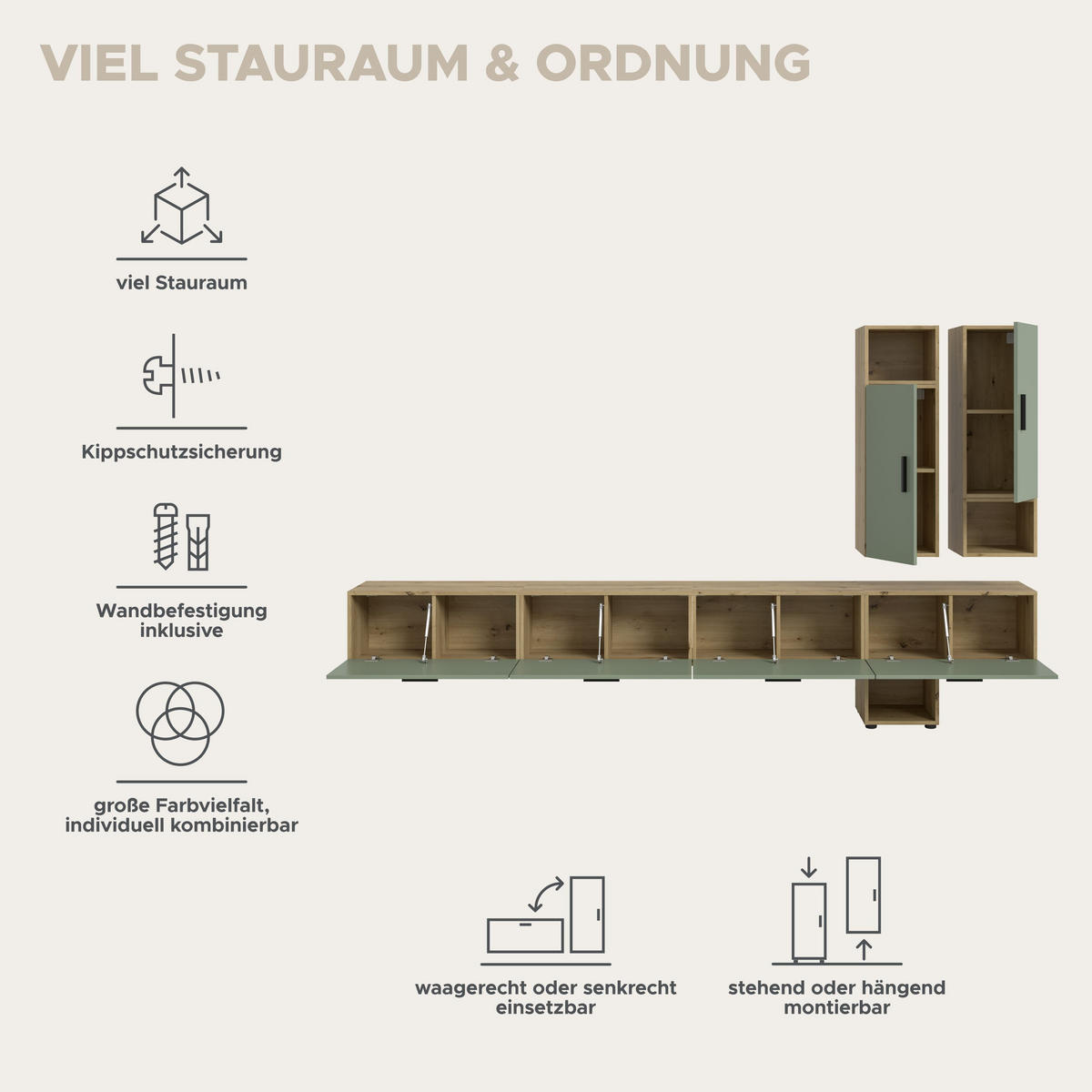 WOHNWAND The One Smoke Green 300/34/178 cm - Braun, Holzwerkstoff (300/178/34cm) - Xonox