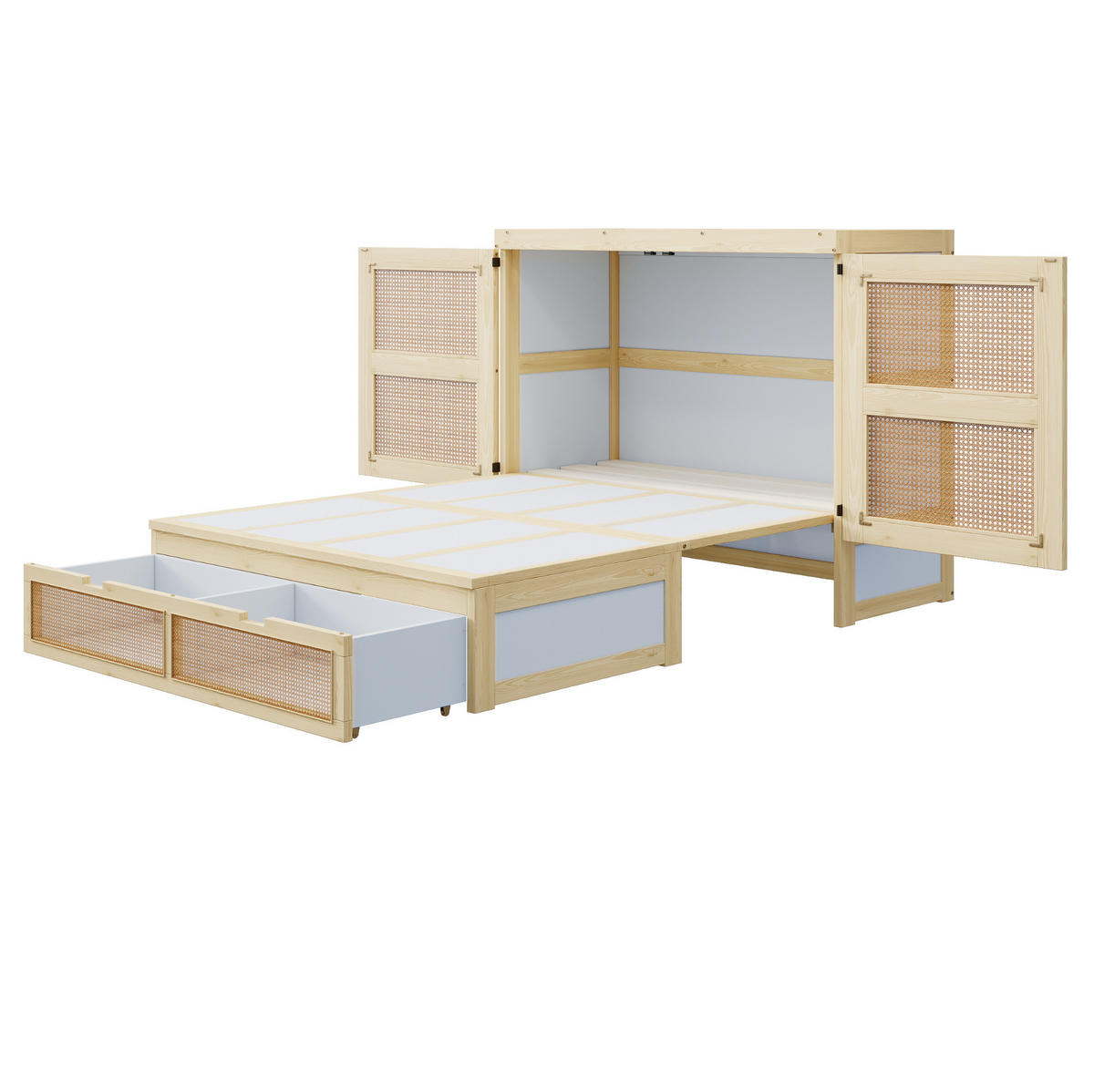 KLAPPBETT 140/200 cm in Holzfarbe mit Rattan-Design und Schubladen - Naturfarben, Holzwerkstoff (140/200cm) - Flora Grace