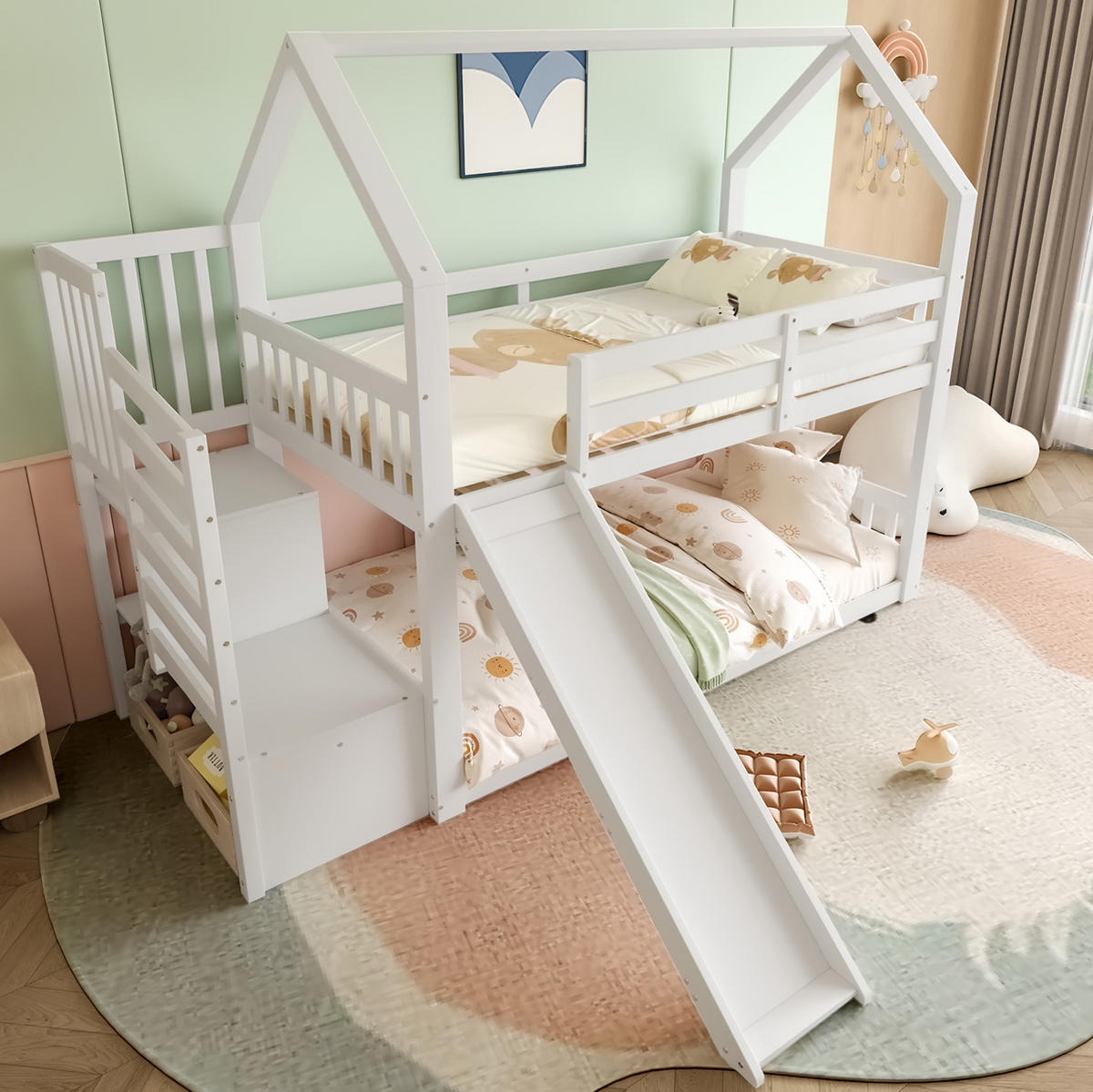 PATROVÁ postel 90/200 cm bílá s úložným prostorem a schůdky a skluzavkou - bílá, dřevo (90/200cm) - OKWISH