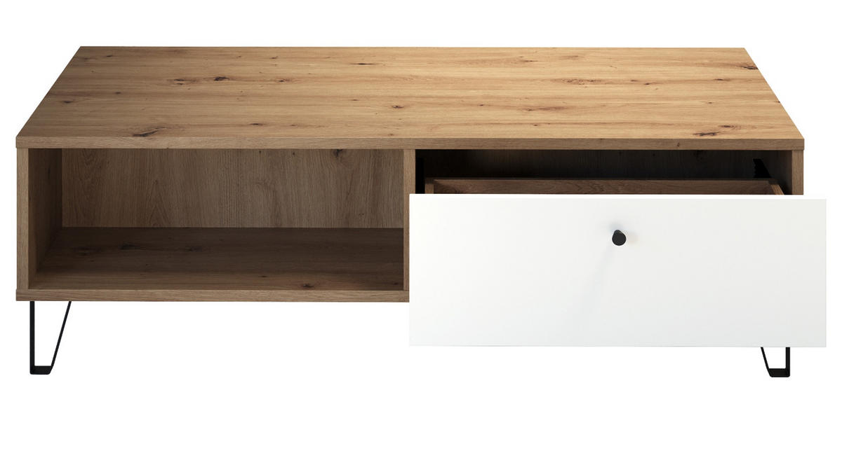 COUCHTISCH weiß matt, Eiche Artisan 110 cm, Beistelltisch mit 2 x Schubkasten - Eichefarben/Schwarz, Holzwerkstoff/Kunststoff (60/110/37cm) - Top.Furn