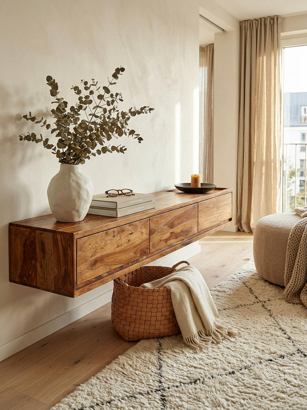 LOWBOARD Massivholz Modern Stil Hängend für 65-Zoll Fernseher mit 3 Schubladen - Braun, Holz (160/25/35cm) - KADIMA DESIGN