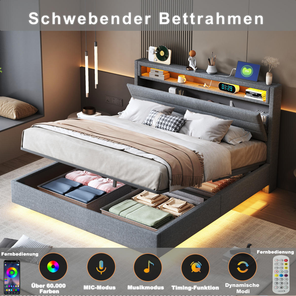 POLSTERBETT 160x200 cm LED USB Stauraum grau - Grau, Textil (160/200cm) - LEBENLANG