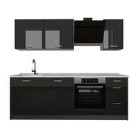 KÜCHENZEILE R-Line, Schwarz Hochglanz/Anthrazit, 220 cm Arbeitsplatte Marmor - Schwarz Hochglanz/Anthrazit, Holzwerkstoff (220/81.6/60cm) - Vicco