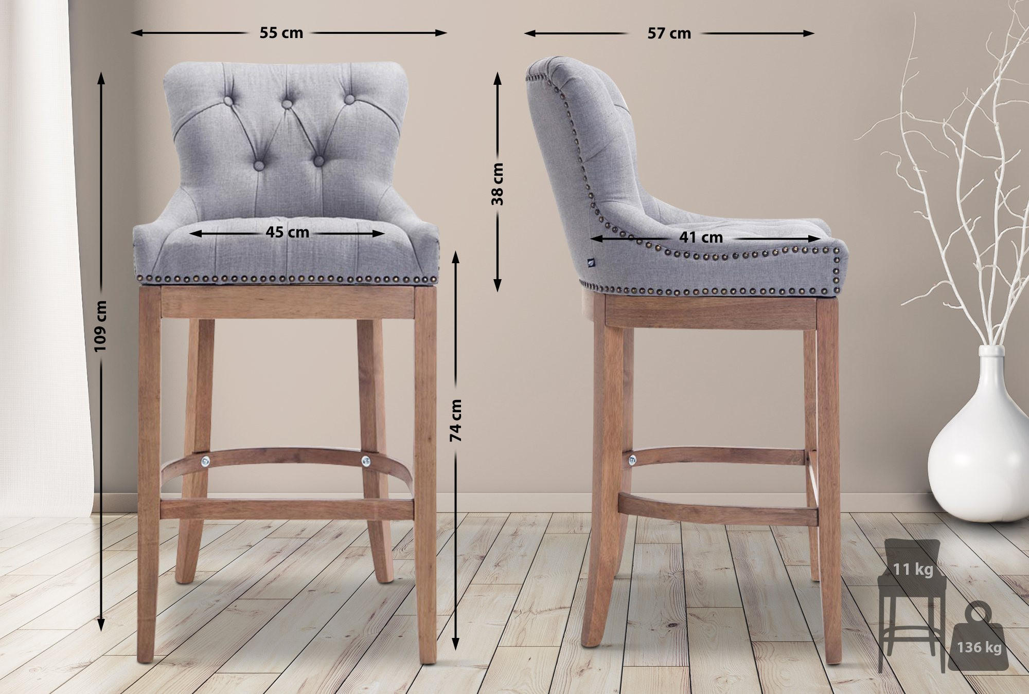 BARHOCKER Stoff Hellgrau - Hellgrau/Naturfarben, Holz/Textil (55/109/57cm) - CLP