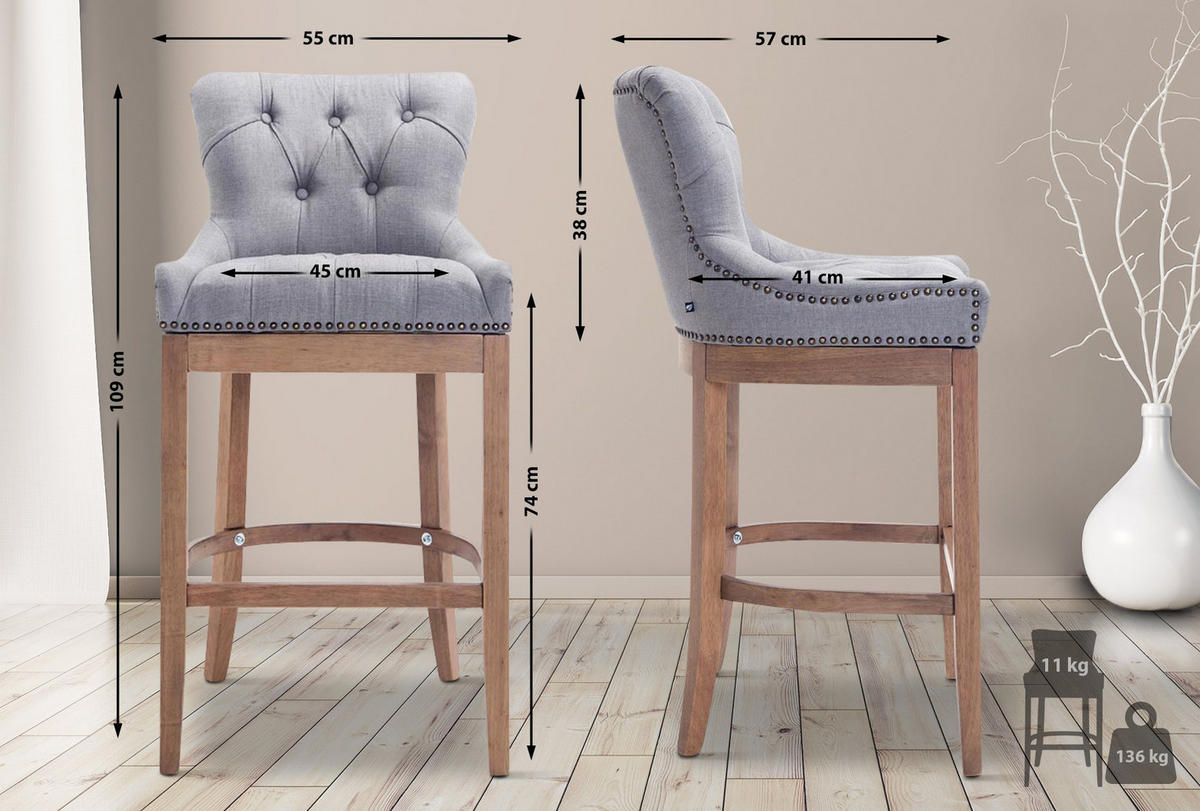 BARHOCKER Stoff Hellgrau - Hellgrau/Naturfarben, Holz/Textil (55/109/57cm) - CLP