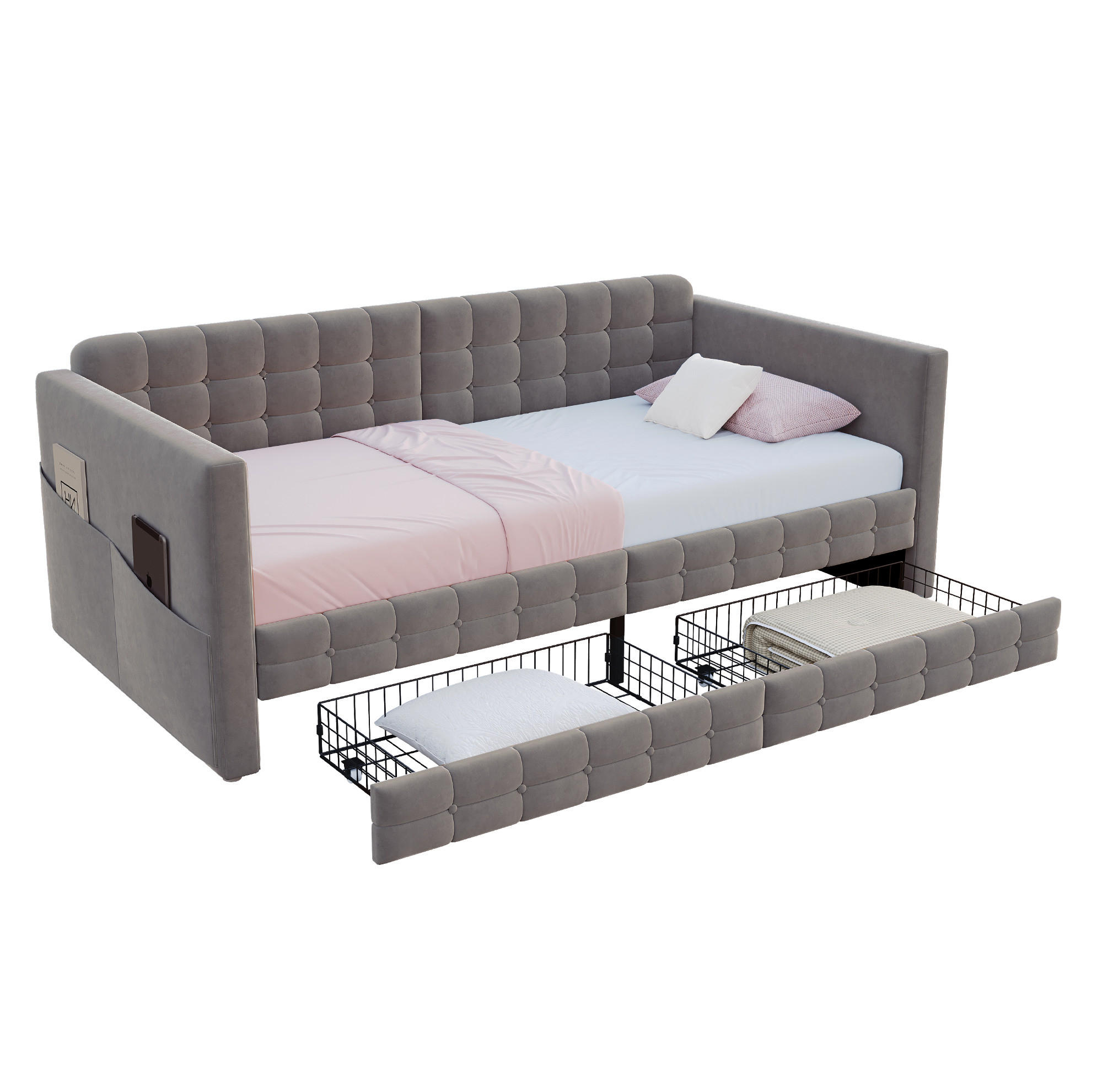 POLSTERBETT 90/190 cm Grau Schlafsofa mit Stauraum und 2 Schubladen - Grau, Textil (90/190cm) - OKWISH