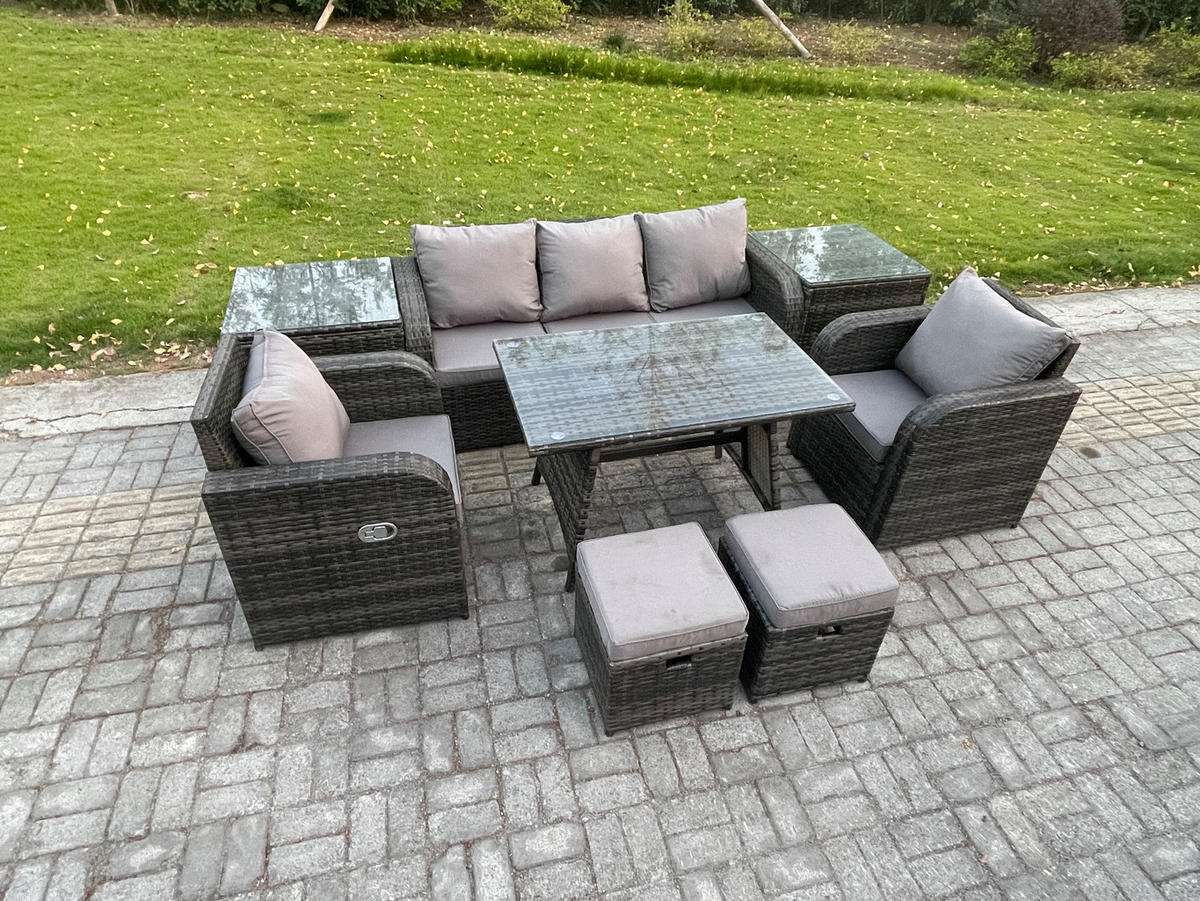 GARTENMÖBEL SET mit COUCHTISCH Polyrattan Dunkelgrau 7-Sitzer - Dunkelgrau/Grau, Glas/Kunststoff - Fimous