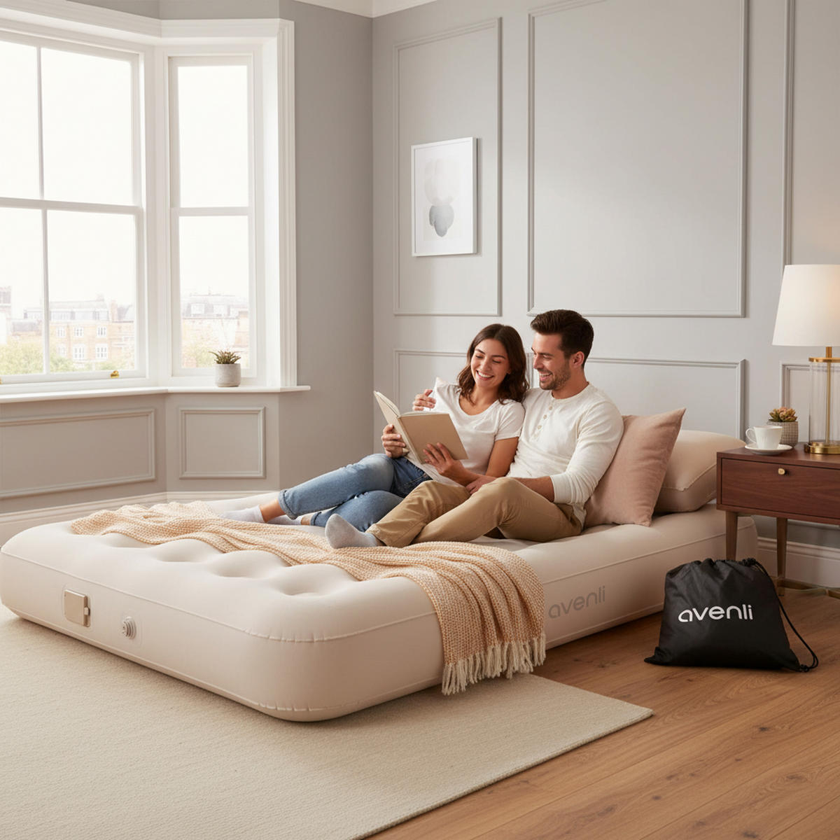 LUFTBETT Luftmatratze selbstaufblasbar Camping CloudCoil beige mit ZenCharge USB Pumpe 191x137x25cm - Beige, Kunststoff (137/191cm) - Avenli