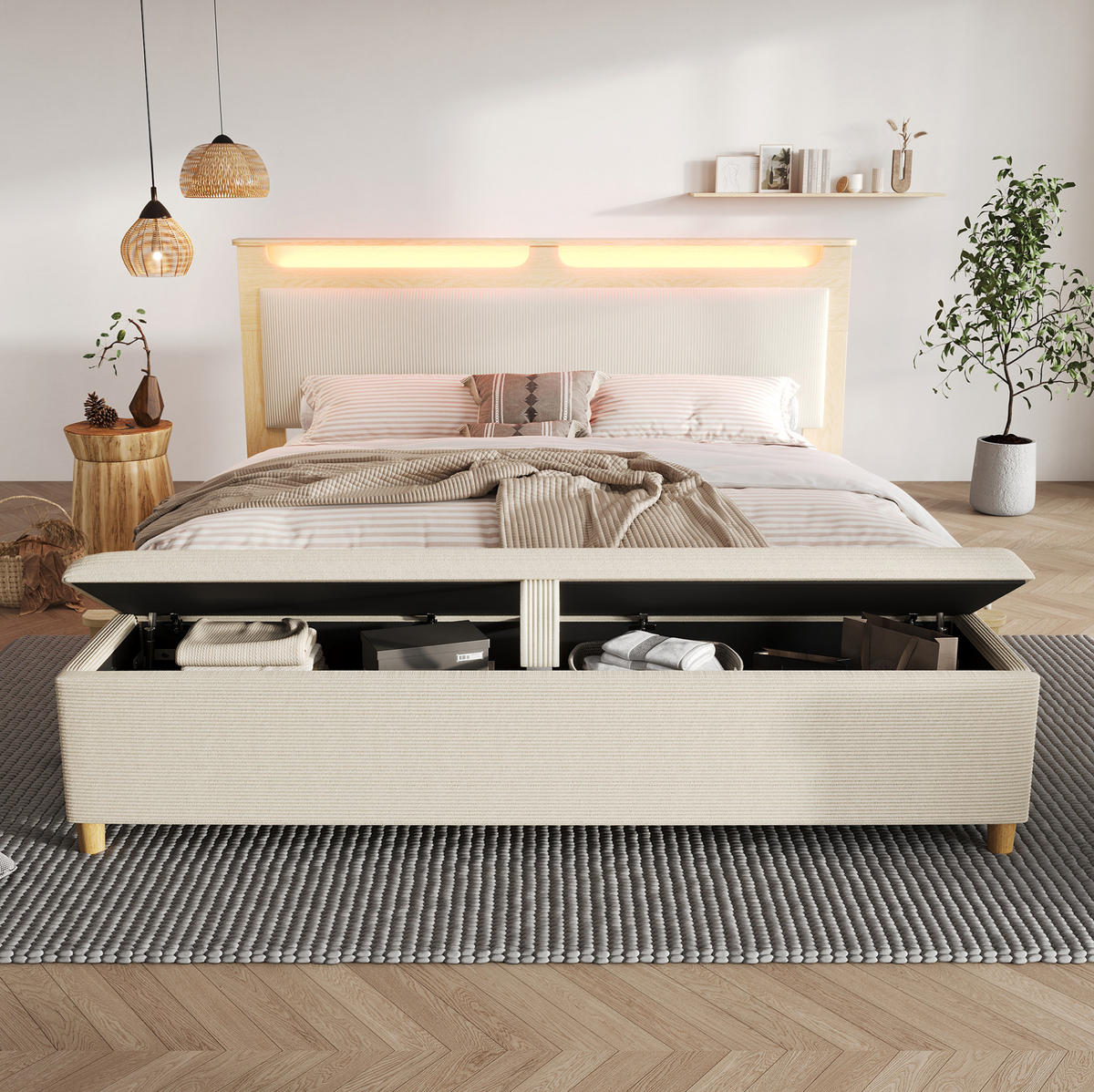 DOPPELBETT 160/200 cm beige/eichefarben aus Cordstoff und Holz mit LED, Stauraum und Bettbank - Beige, Holzwerkstoff (160/200cm) - OKWISH