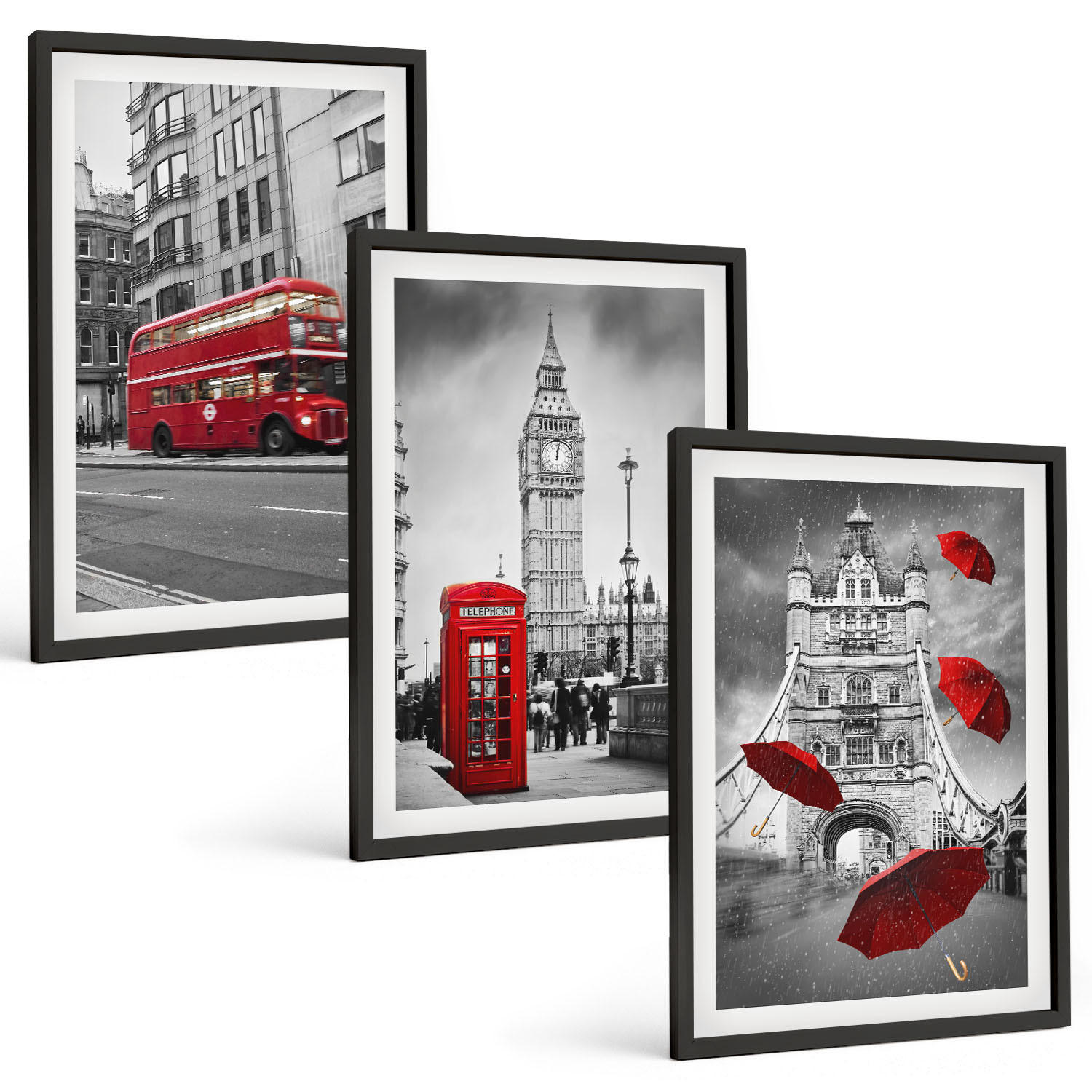 BILDER SET 3er Set - 40x60 cm Schwarzer Rahmen - Red Accents London - Schwarz, Kunststoff (40/60cm) - TULUP