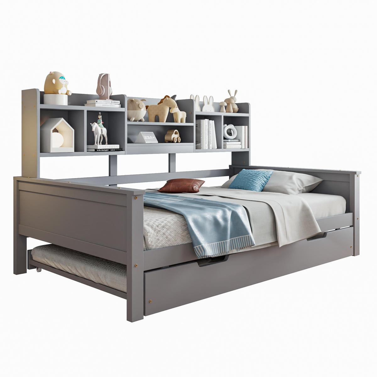 BETT mit integriertem Regal und Ausziehfunktion Kiefernholz Grau 90/200 cm - Grau, Holz (90/200cm) - OKWISH