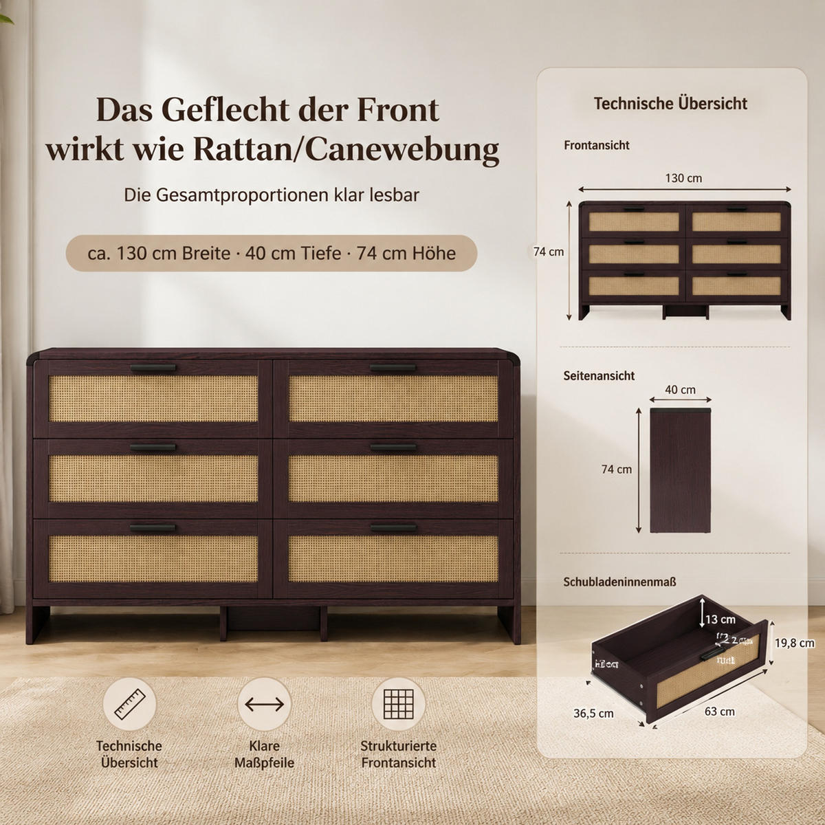 KOMMODE 130 cm aus Holzwerkstoff mit 6 Schubladen und Rattangeflecht Rotbraun - Braun, Holzwerkstoff (130/74/40cm) - Modenvie