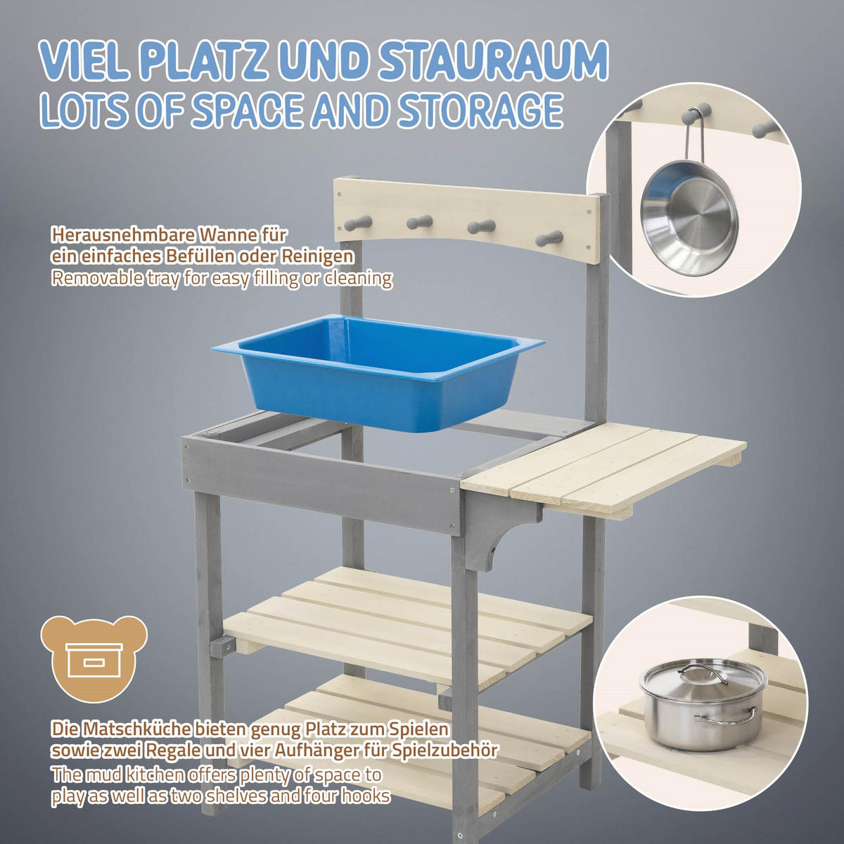 DĚTSKÁ VENKOVNÍ KUCHYŇKA z masivního dřeva - béžová, plast (37/62/82cm) - Joyz