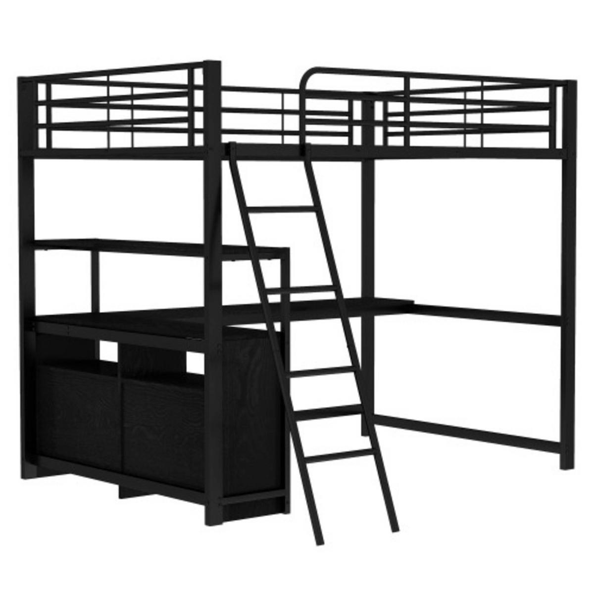 HOCHBETT 140 × 200 cm mit Metallrahmen, L-förmigem Schreibtisch und 4 Schubladen, schwarz - Schwarz, Metall - Luhomfu