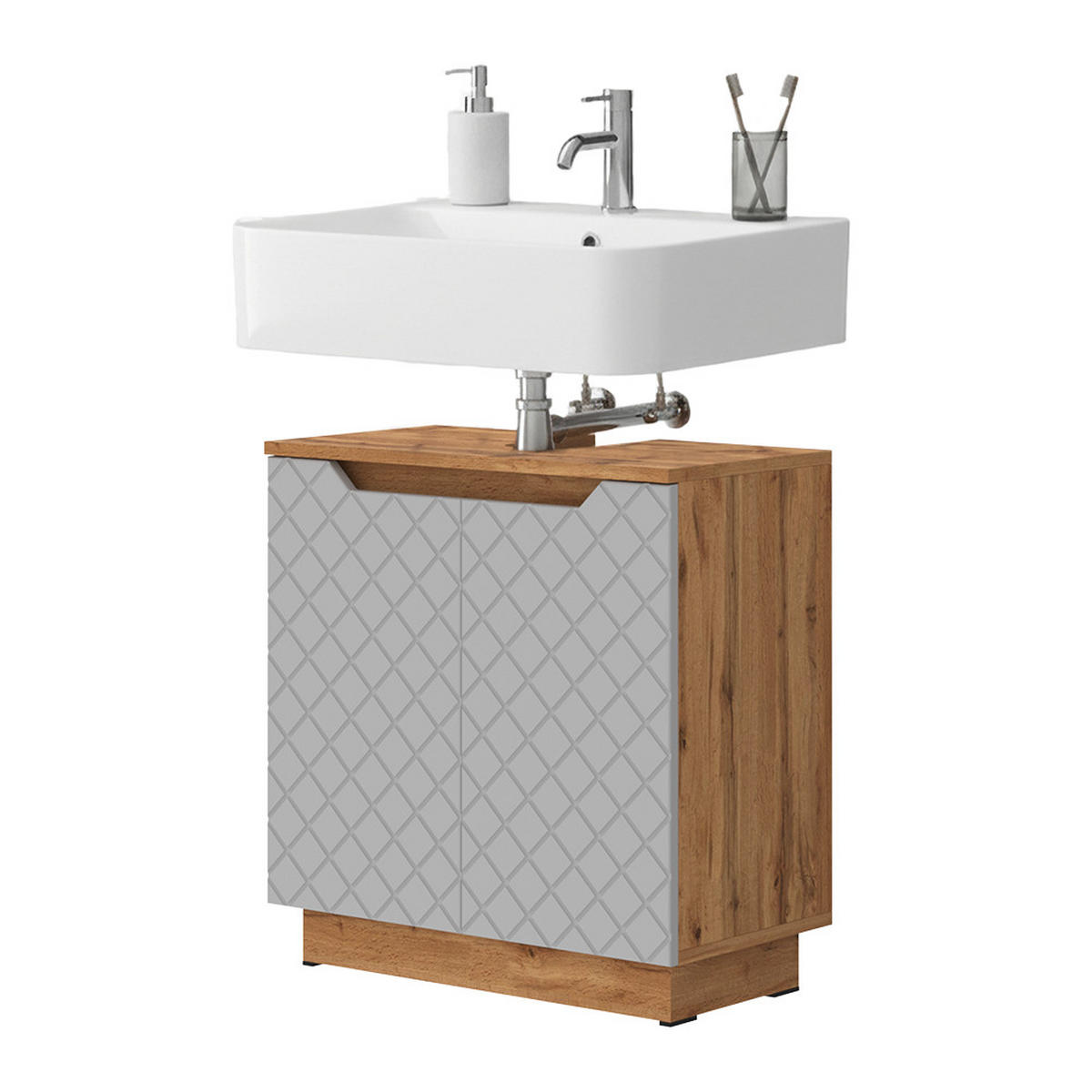 WASCHBECKENUNTERSCHRANK Lotta Eiche/Grau mit Kachelstruktur 59.8 x 62.1 cm mit 2 Türen - Eichefarben/Grau, Holzwerkstoff (59.8/62.1/32cm) - Vicco