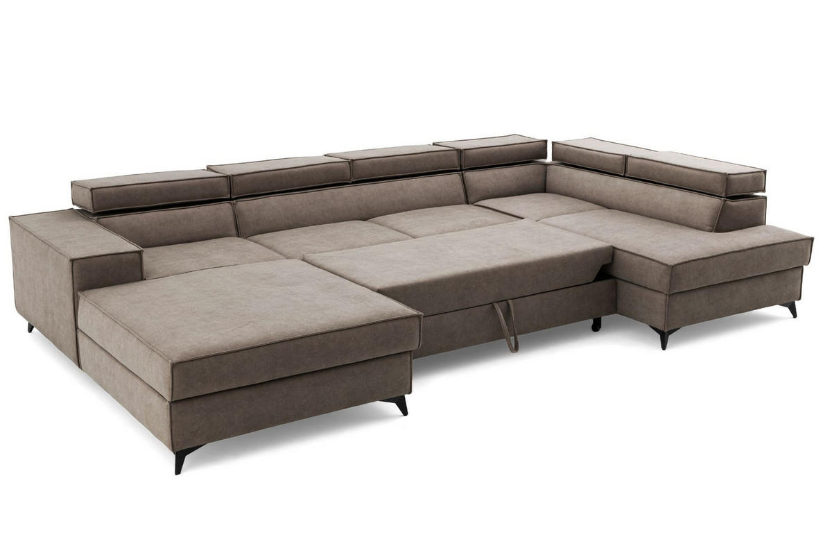 ECKSOFA PURE U Rechts mit Schlaffunktion 127x270 Velours Beige - Beige/Schwarz, Holz/Textil (204/340cm) - Muffo
