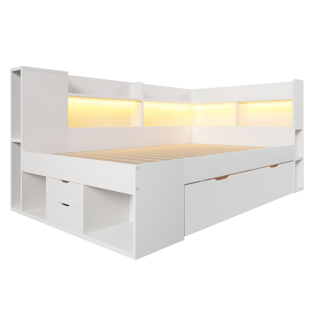 POLSTERBETT 90/200 cm aus Holzwerkstoff mit LED-Beleuchtung, USB- und Typ-C-Anschluss, Stauraum und Lattenrost, Weiß - Weiß, Textil (90/200cm) - Redom