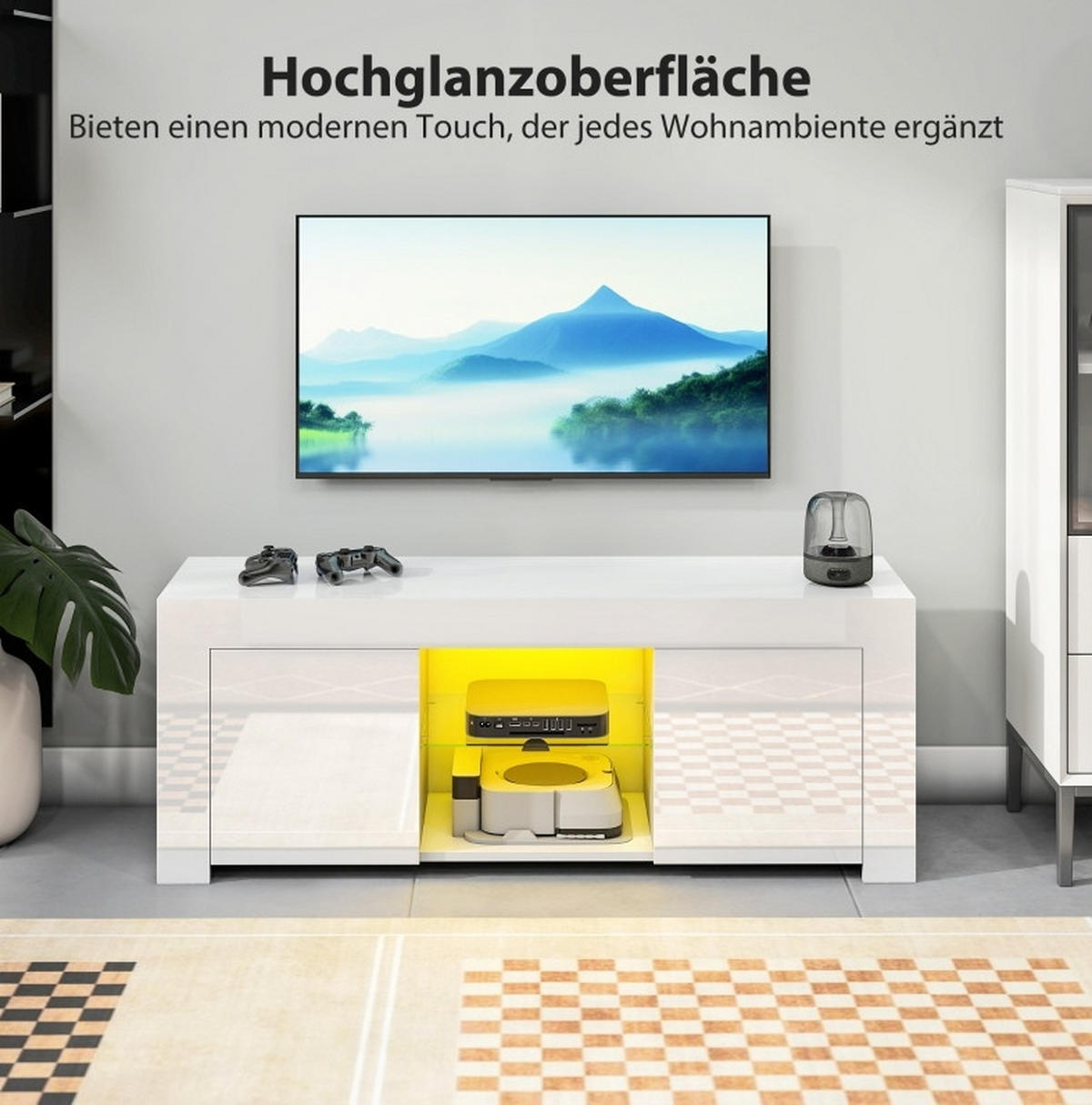TV-ELEMENT mit LED-Beleuchtung 120 cm Weiß mit Glasregal - Weiß, Glas (34/45/120cm) - Beauniv