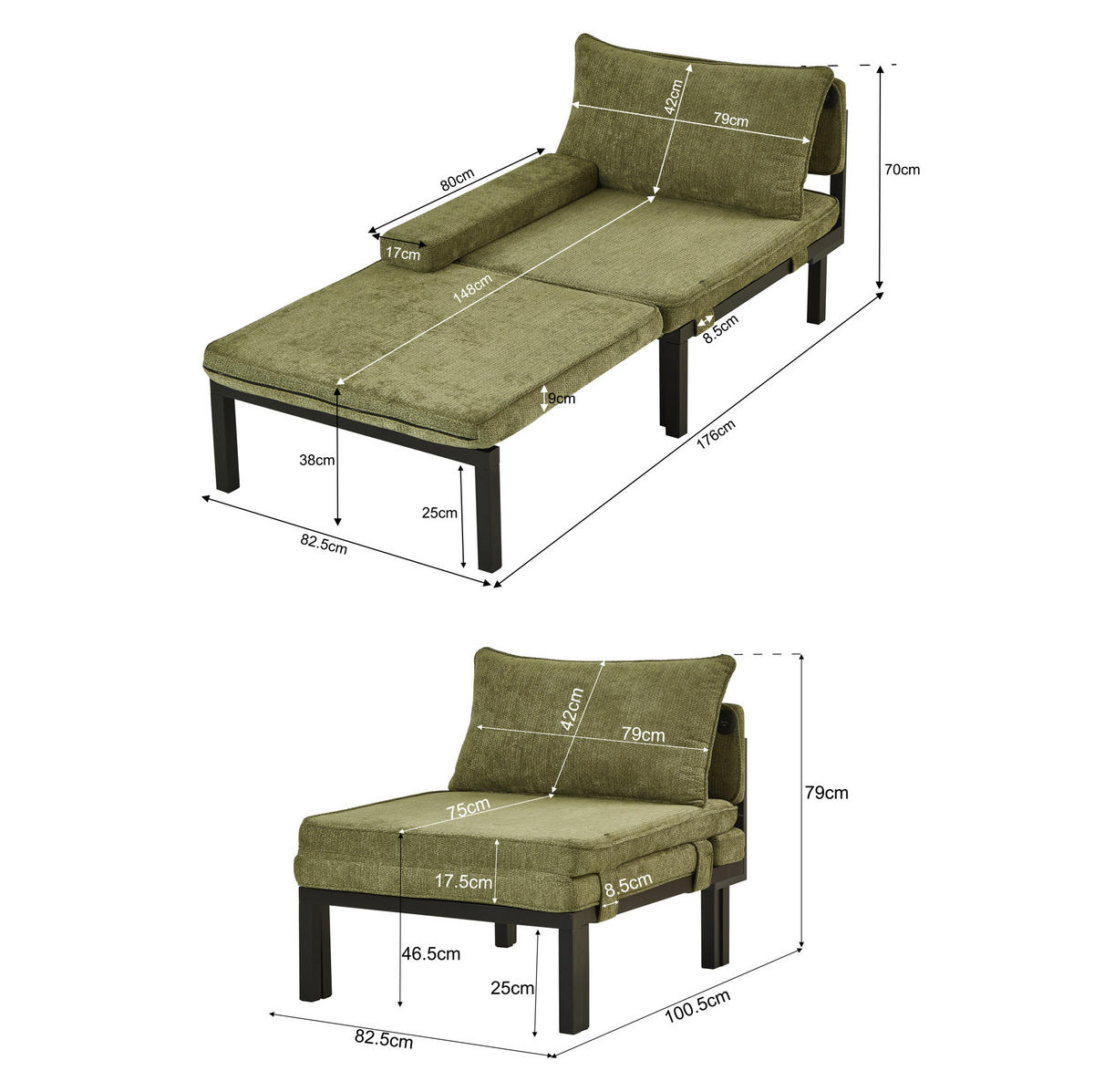 ROZKLADACIE kreslo z velúru 176x82,5x70 cm zelené s USB-C portom, skladacie 2 v 1 a priestorovo úsporné - zelená, textil (82.5/70/176cm) - Modfu