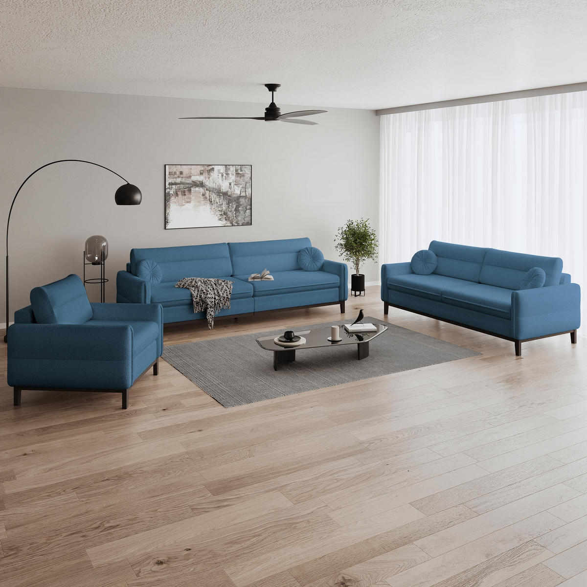 SITZGARNITUR Belweder, zwei Sofas+Sessel, Blau, Bouclé - Wengefarben/Blau, Holz/Textil (268/95/94cm) - Beautysofa