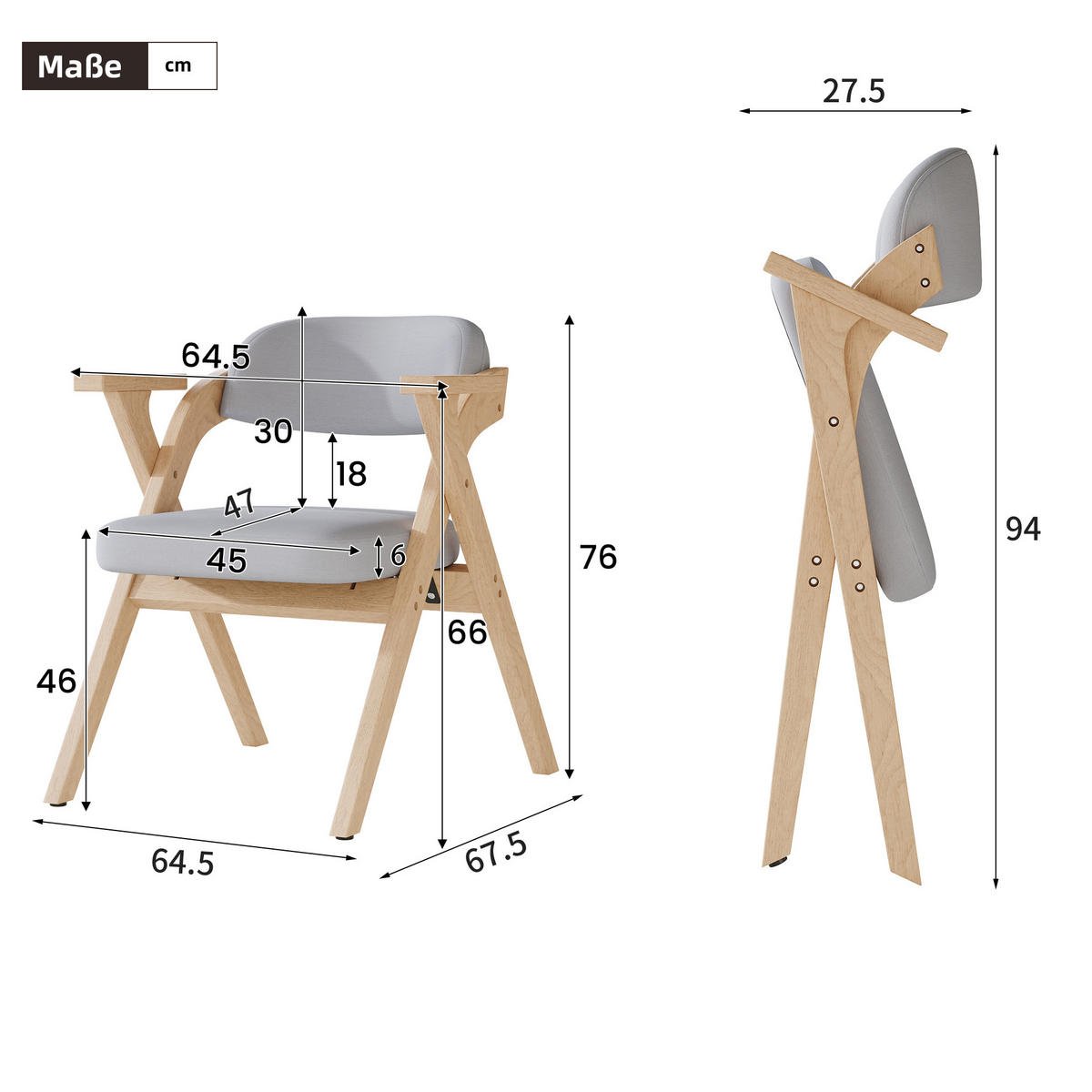 KLAPPSTUHL 2er-Set Grau mit Armlehnen und Leinenkissen - Grau, Holz (66.5/76/64.5cm) - MIVRAY