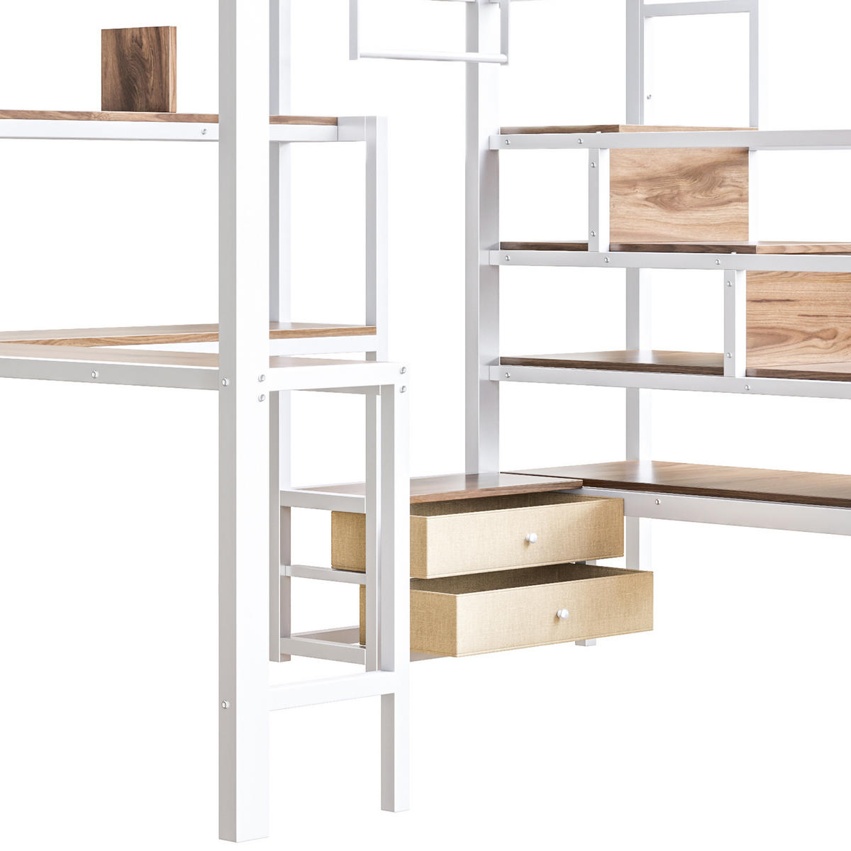 HOCHBETT 140/200 cm mit Eisenrahmen Weiß, Schreibtisch, Stauraumtreppe und LED-Licht - Weiß, Metall