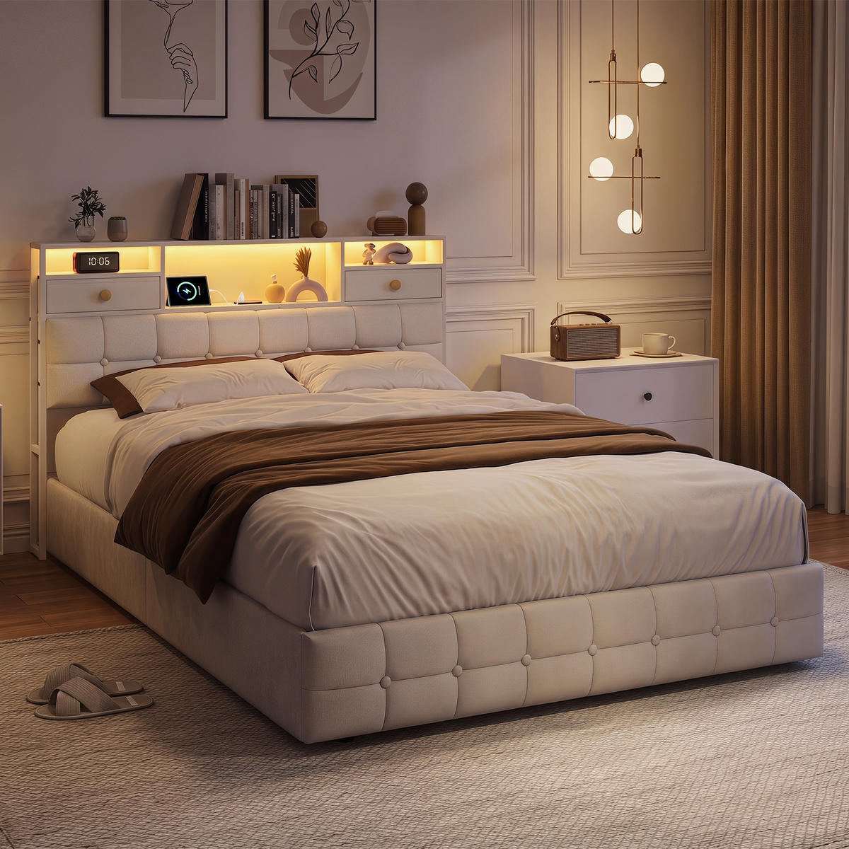 POLSTERBETT 140x200 cm mit 4 Schubladen, LED und USB-/Typ-C-Anschlüsse, Samt in Beige - Beige, Holz (140/200cm) - BRILVERDE