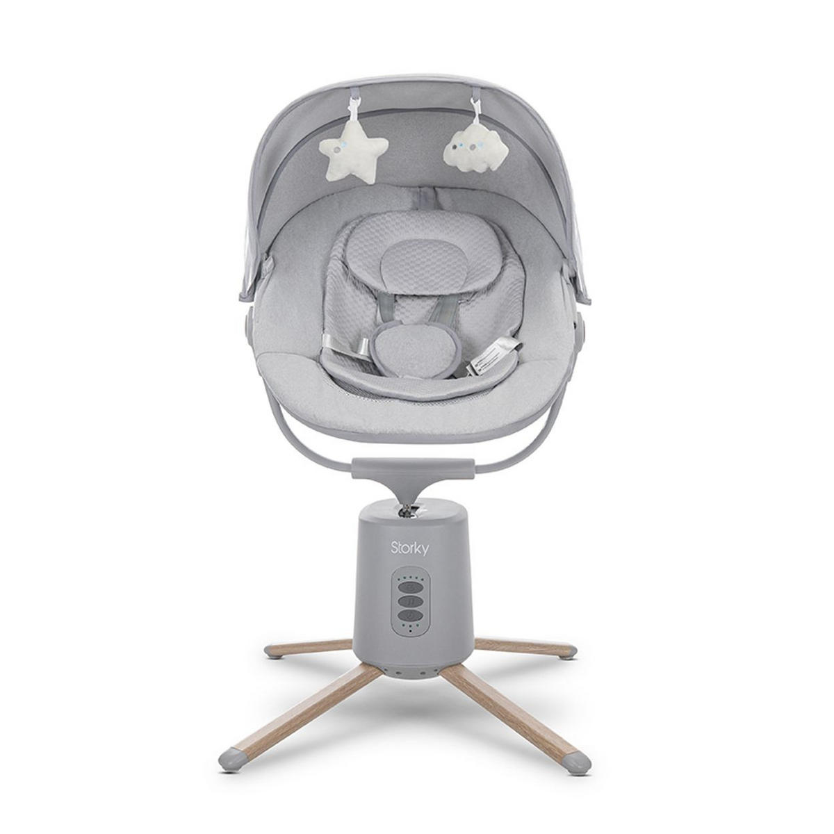 BABYWIPPE Storky grau Bluetooth, Fernbedienung, Timer, 5-Punkt-Gurt, Holzoptik-Füße - Grau, Metall - Lorelli