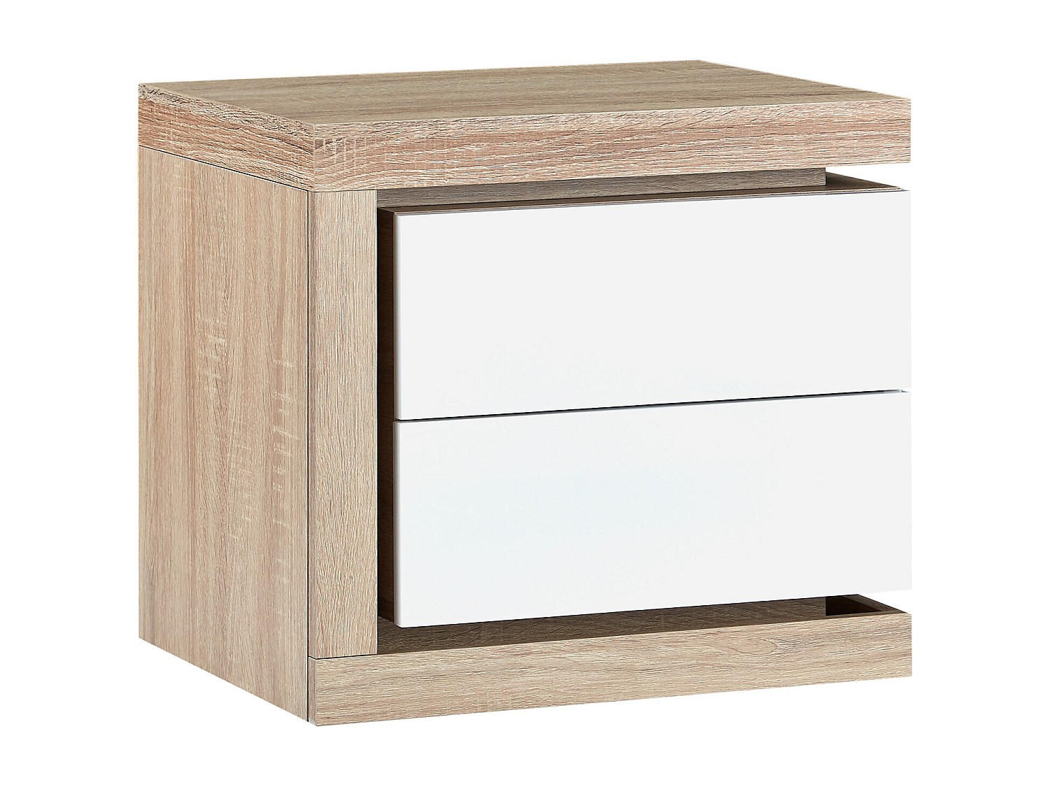 NACHTTISCH mit 2 Schubladen - linke Seite - Mit LED-Beleuchtung - Weiß lackiert und Holzfarben - FLARANCIA - Naturfarben, Holz (50/45/40cm) - Vente-Unique