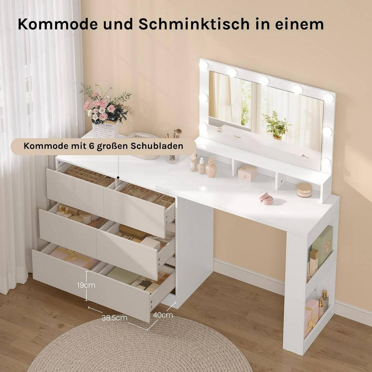SCHMINKTISCH mit LED, Spiegel, Kommode, Weiß - Weiß, Glas/Holzwerkstoff (90/134.5/40cm) - Woltu
