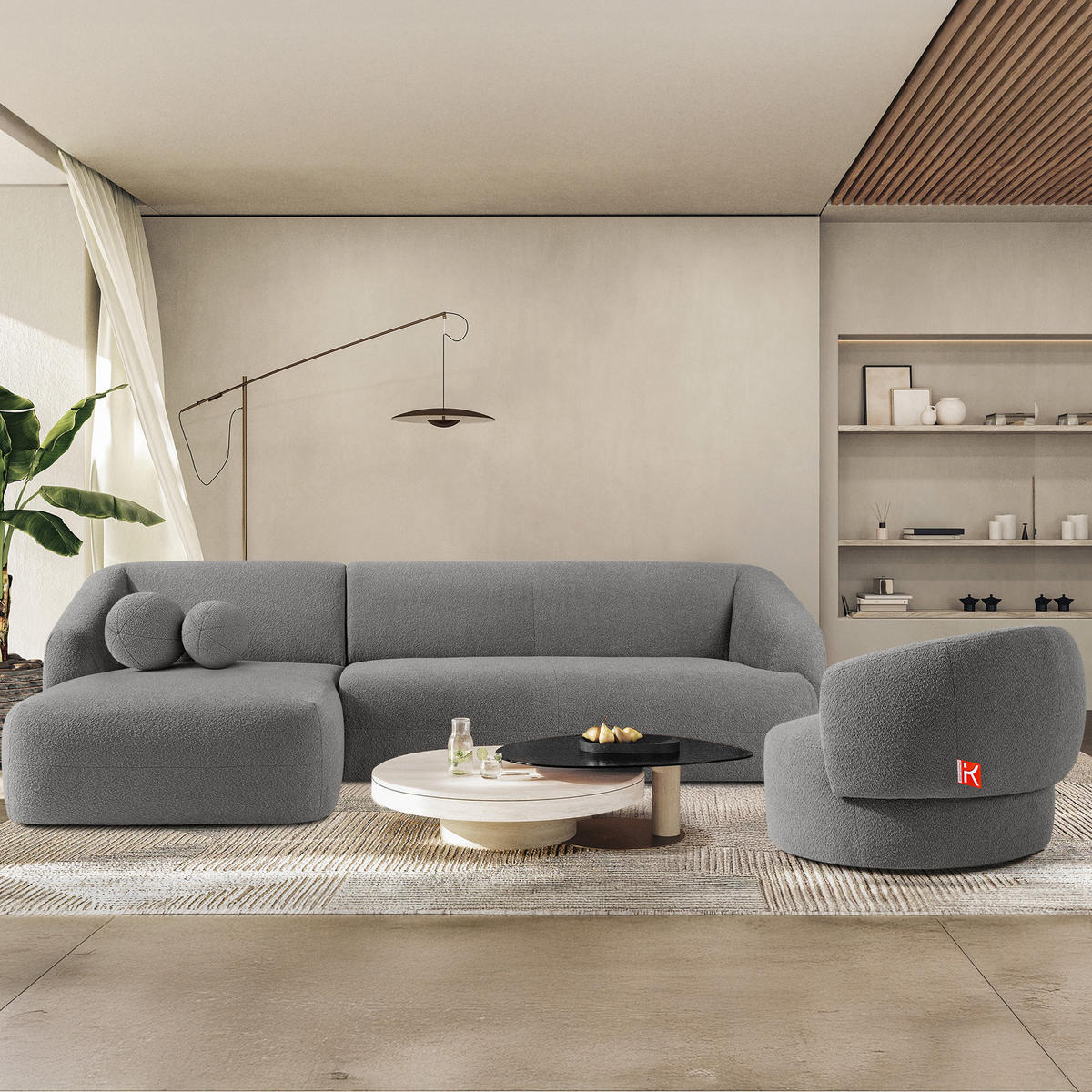 ECKSOFA LINKS VIRA, Grau, Bouclé - Schwarz/Grau, Holz/Holzwerkstoff (300/160cm) - KONSIMO®