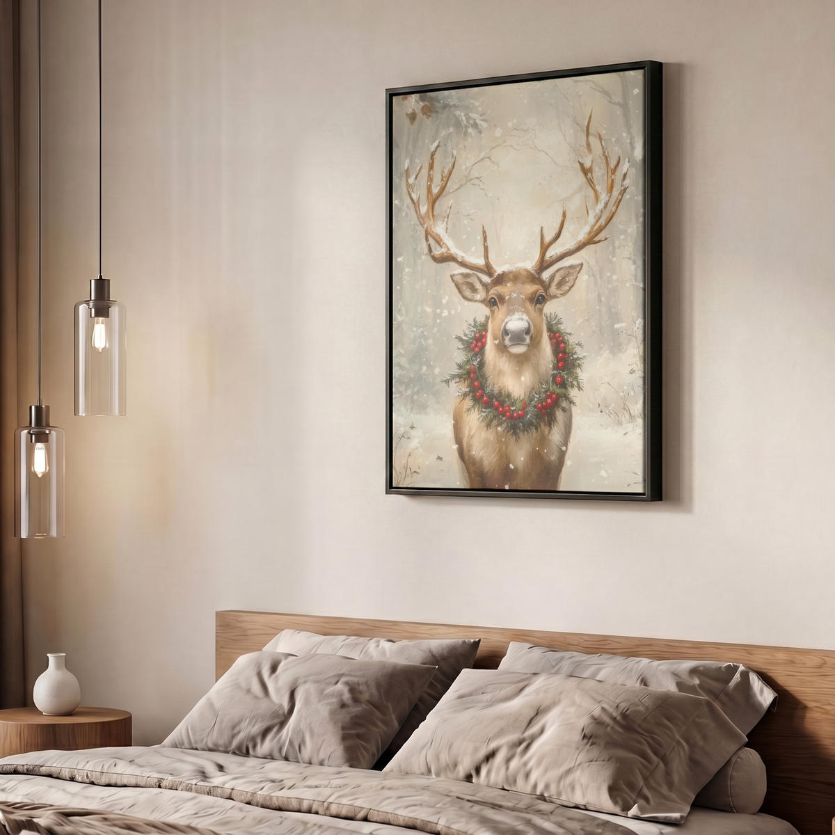 LEINWAND Bilder mit Rahmen - Weihnachten - Rentier - Winter - Kranz - 50x70 - Naturfarben, Textil (50/70cm) - MuchoWow
