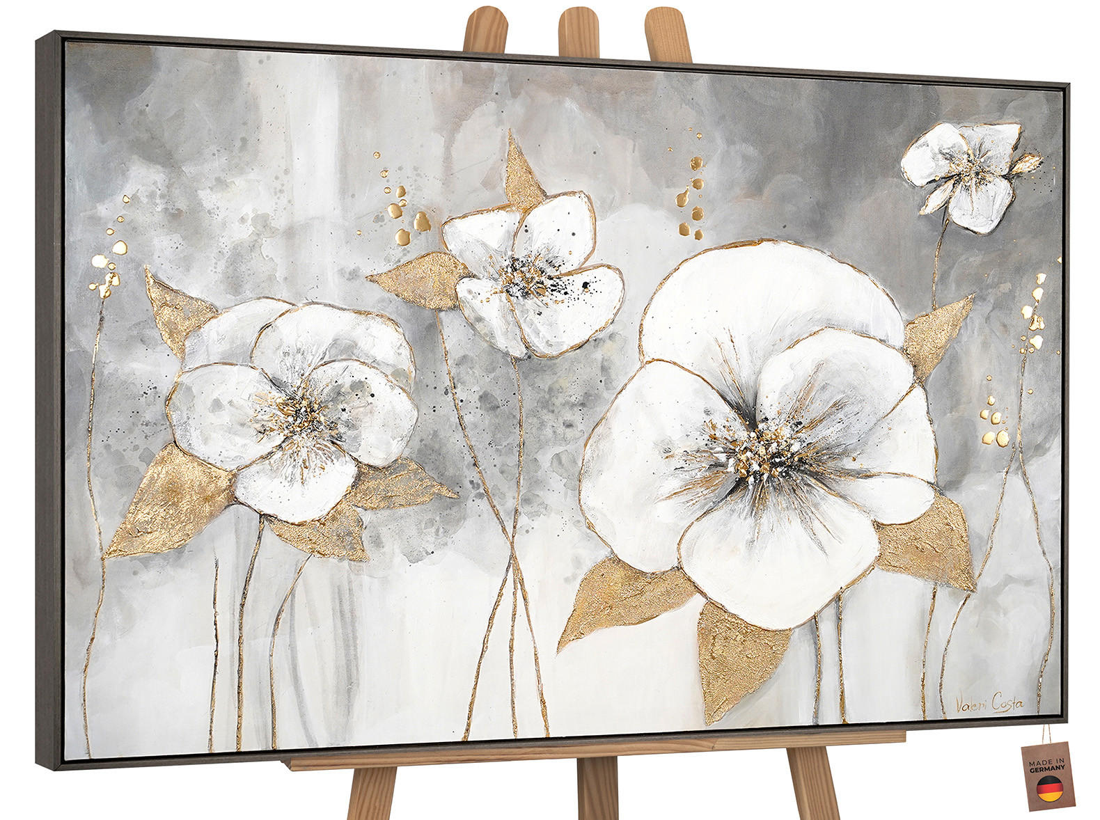 GEMÄLDE Goldene Blüten Schattenfugenrahmen Grau 120x80 cm - Grau, Holz (120/80cm) - YS-art gallery