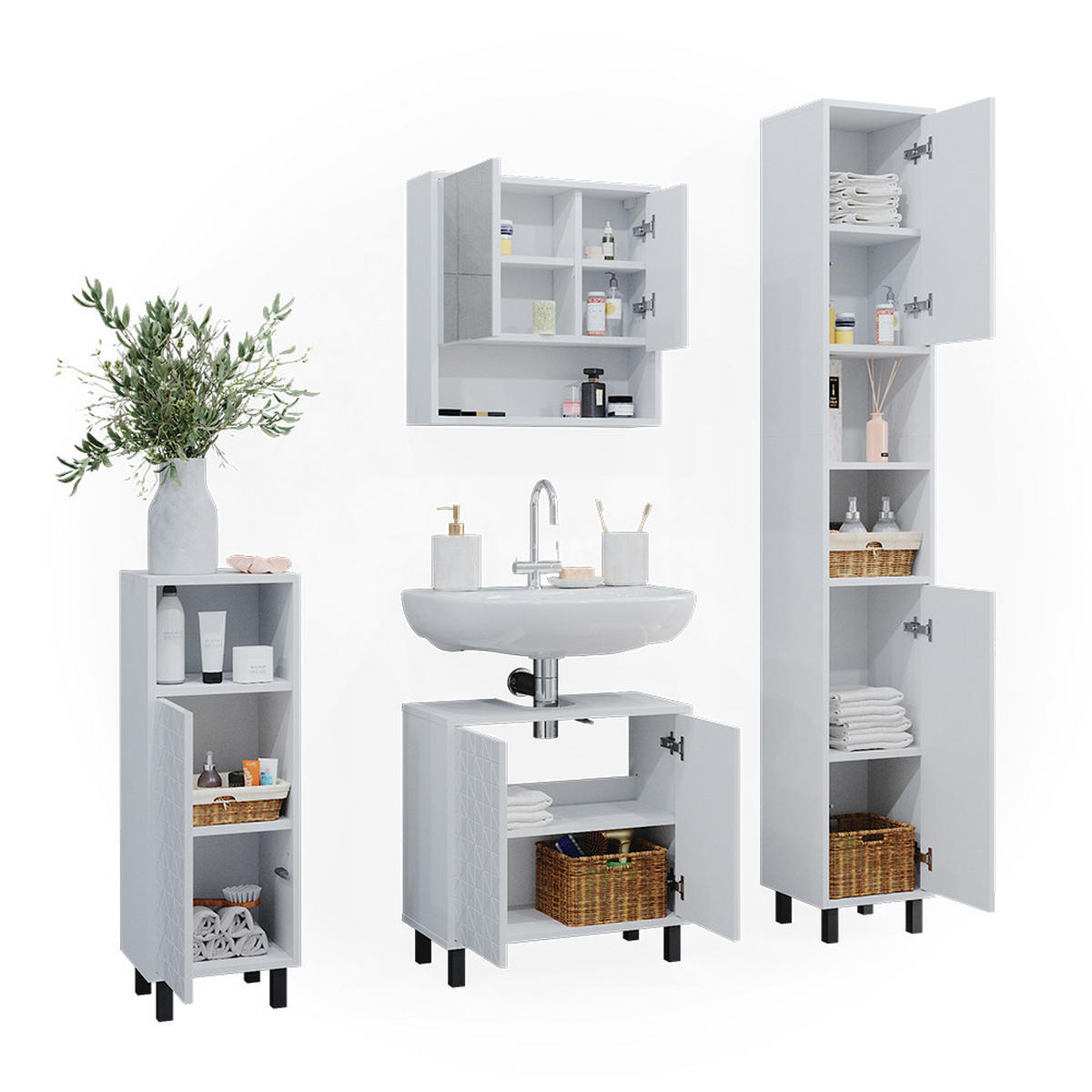 BADMÖBEL-SET Agasta Weiß 4 Teile, mit Hochschrank und Kommode - Weiß, Holzwerkstoff (56/57/28cm) - Vicco