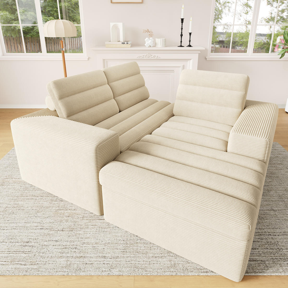 ECKSOFA mit rahmenloser Konstruktion und Cordstoff - Beige, Textil (253/161cm) - EVRYAE